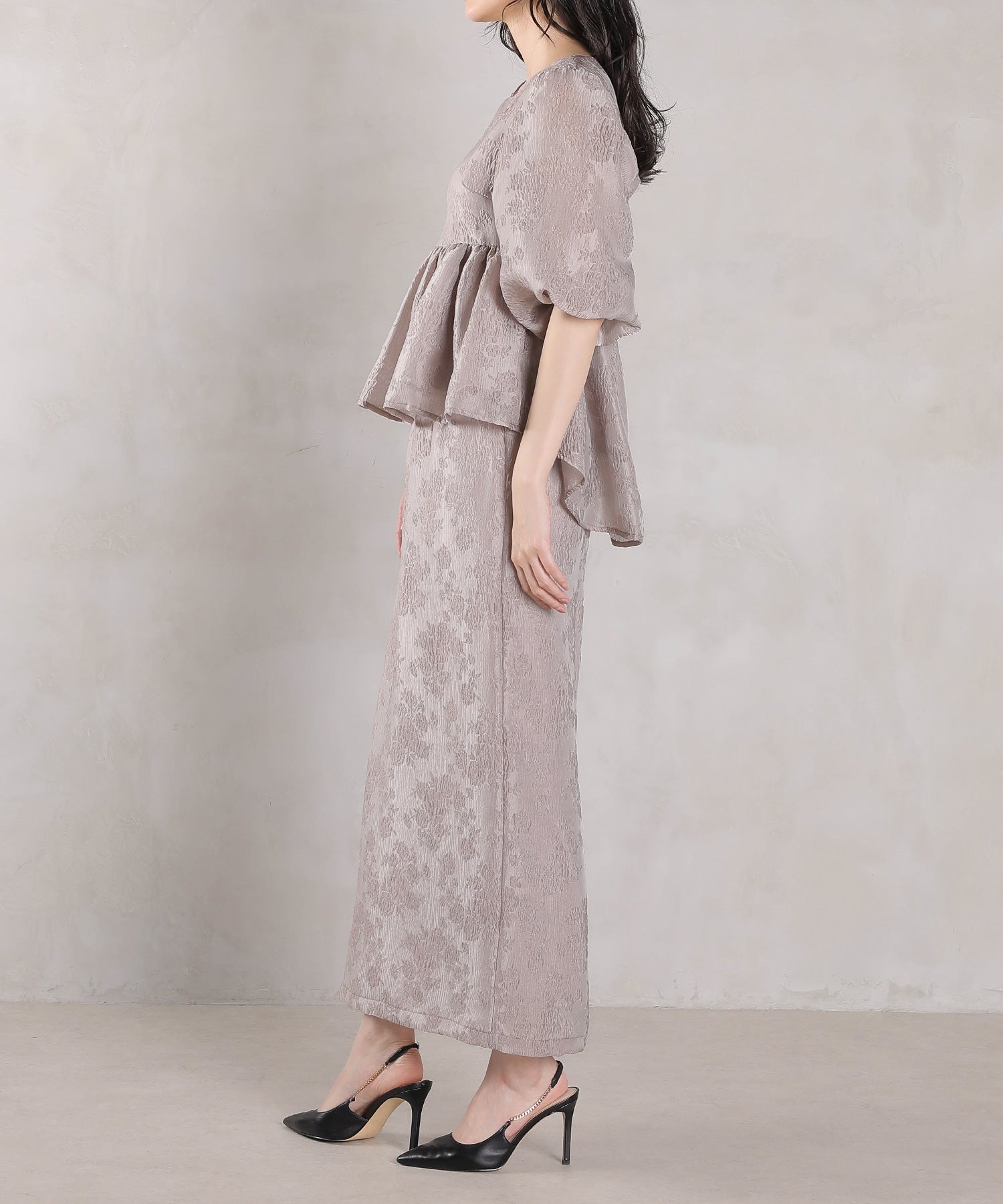 ジャガード バルーン スリーブ ブラウス Iラインスカート2点セット