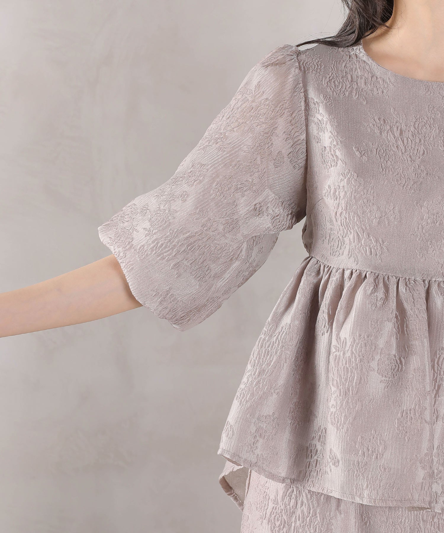 ジャガード バルーン スリーブ ブラウス Iラインスカート2点セット