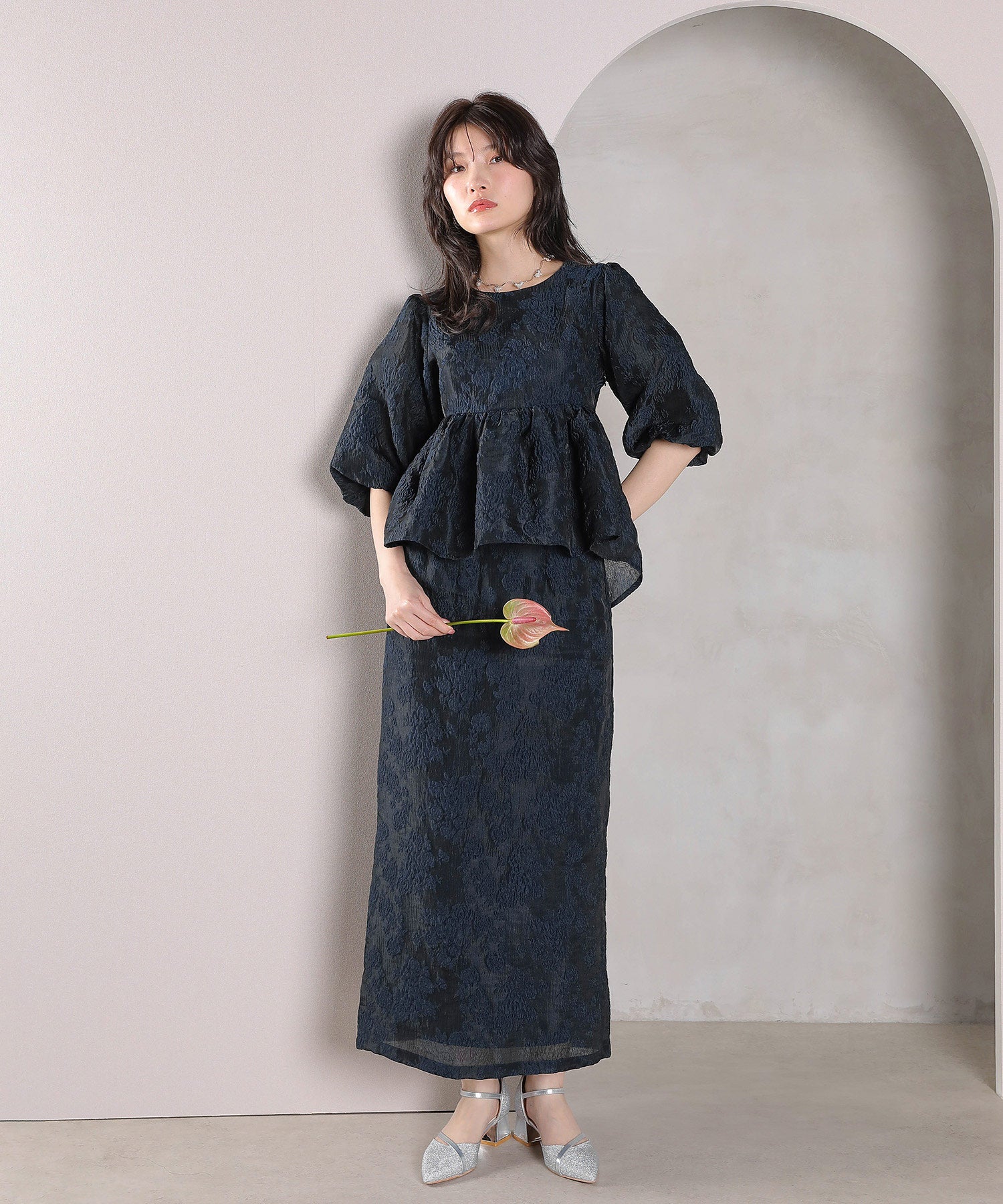 ジャガード バルーン スリーブ ブラウス Iラインスカート2点セット