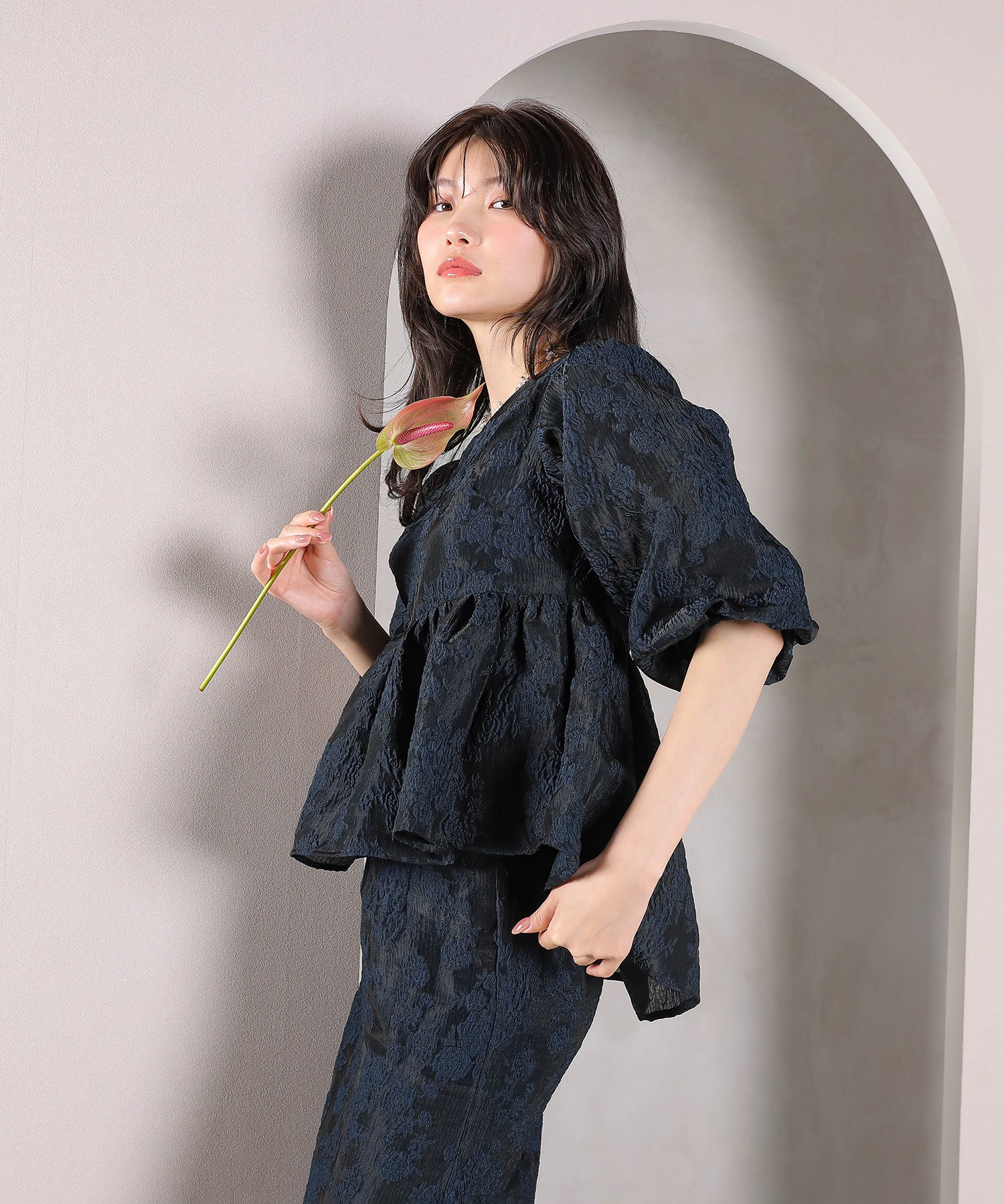 ジャガード バルーン スリーブ ブラウス Iラインスカート2点セット