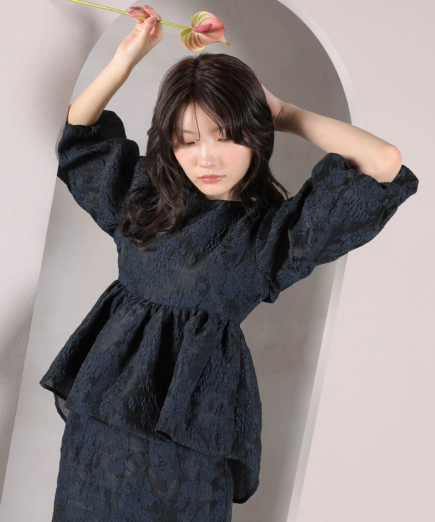 ジャガード バルーン スリーブ ブラウス Iラインスカート2点セット