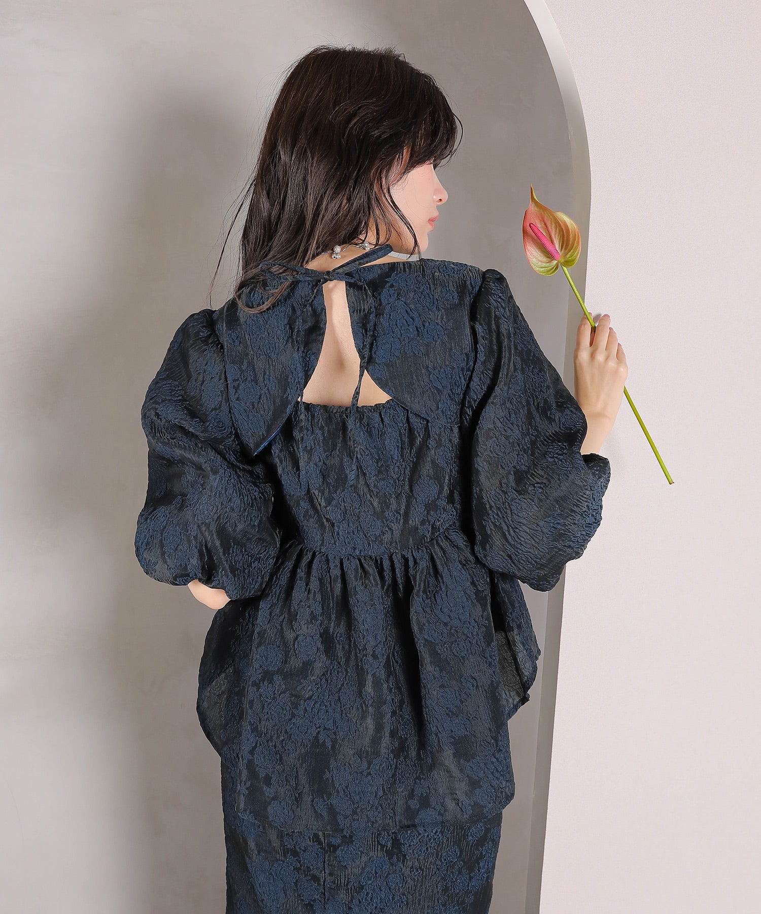 ジャガード バルーン スリーブ ブラウス Iラインスカート2点セット