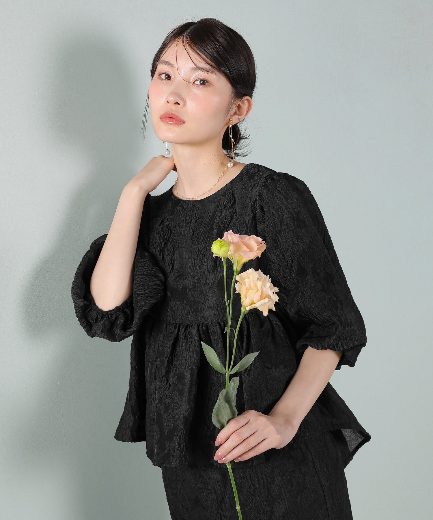 ジャガード バルーン スリーブ ブラウス Iラインスカート2点セット