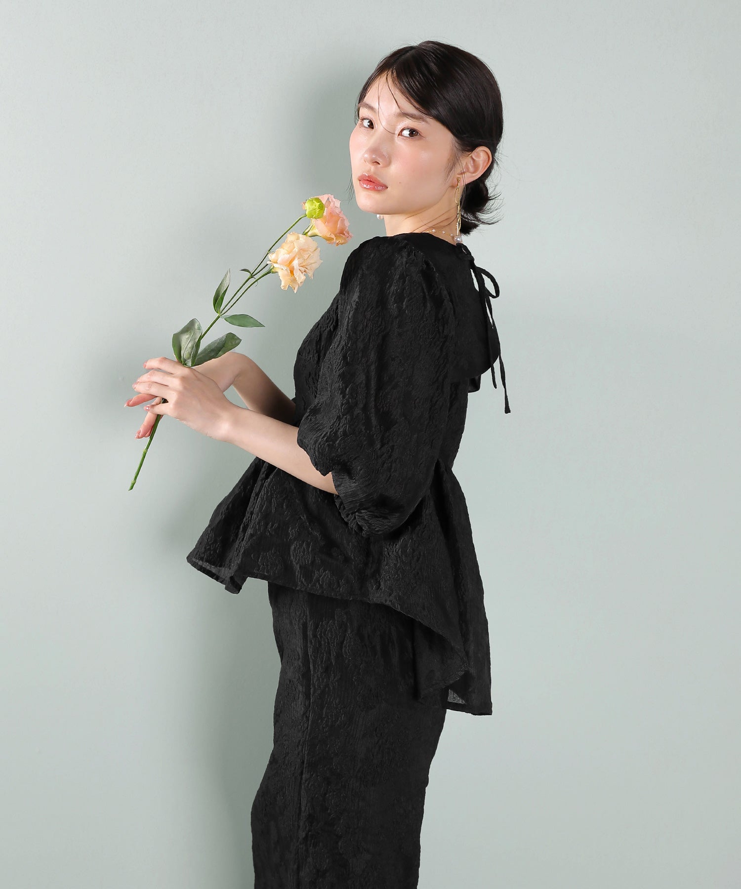 ジャガード バルーン スリーブ ブラウス Iラインスカート2点セット