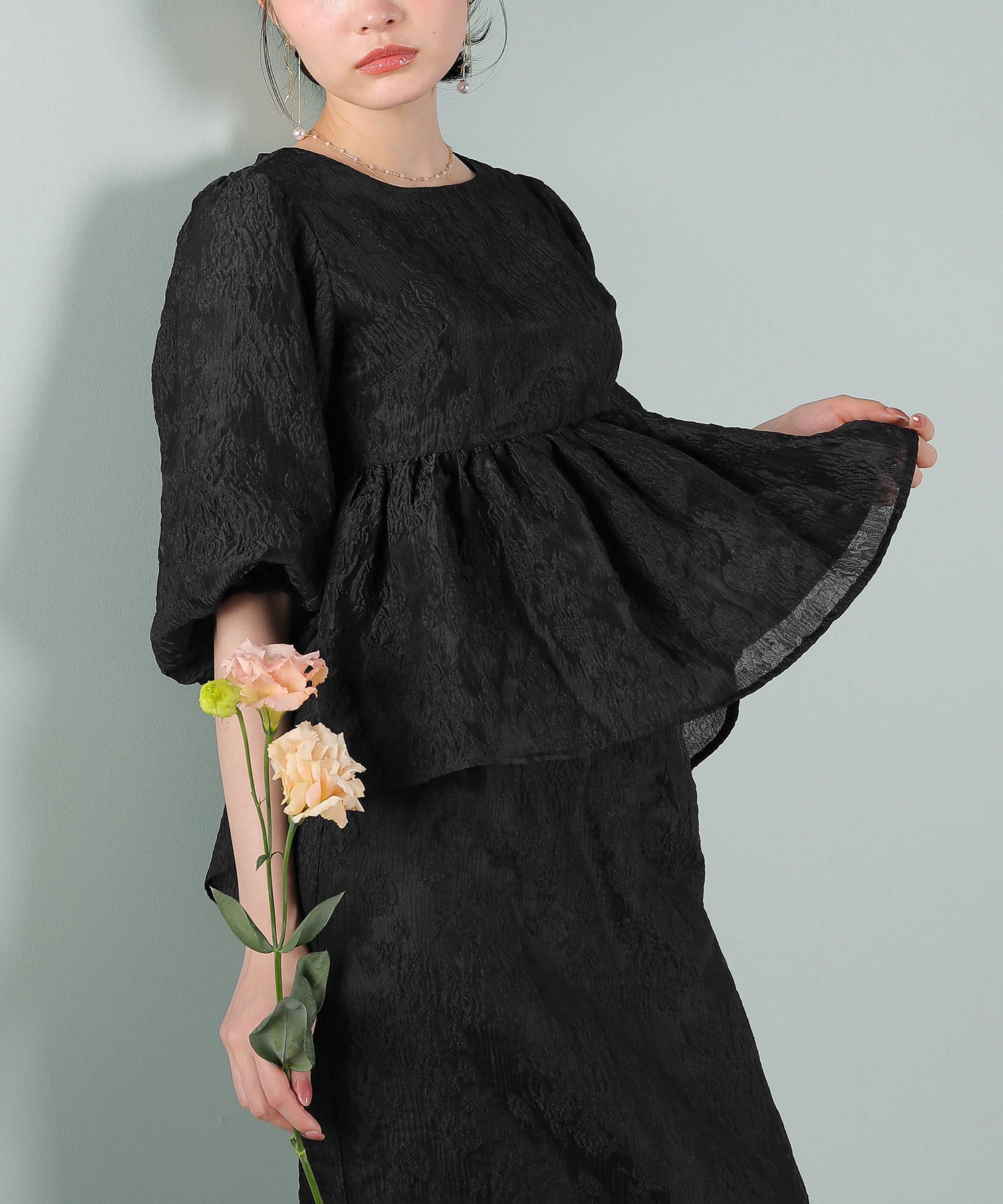 ジャガード バルーン スリーブ ブラウス Iラインスカート2点セット