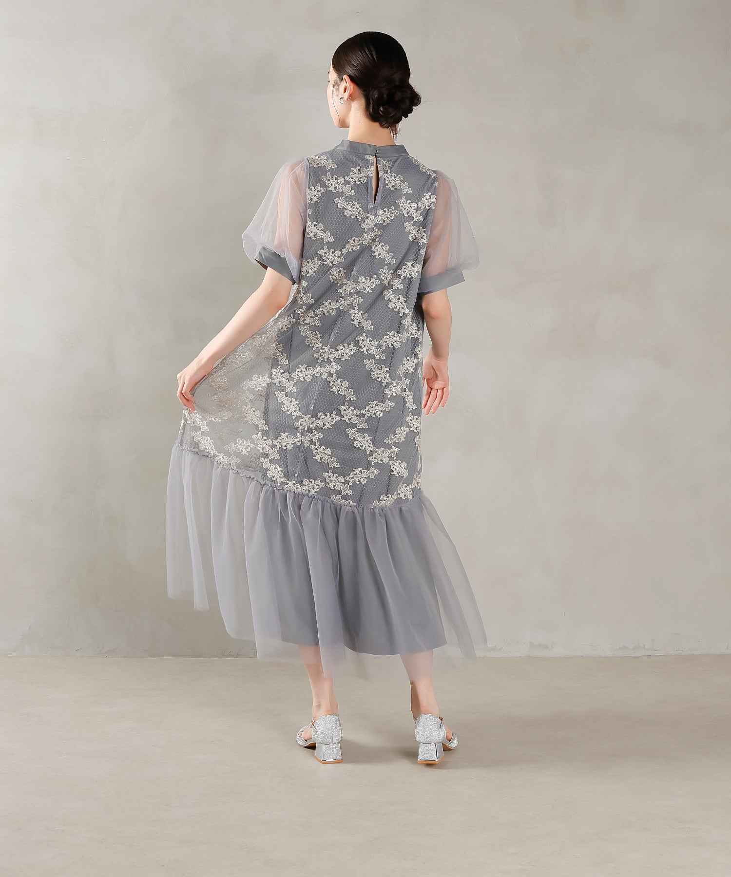 刺繍レース チュール Aライン ティアード ワンピース ドレス