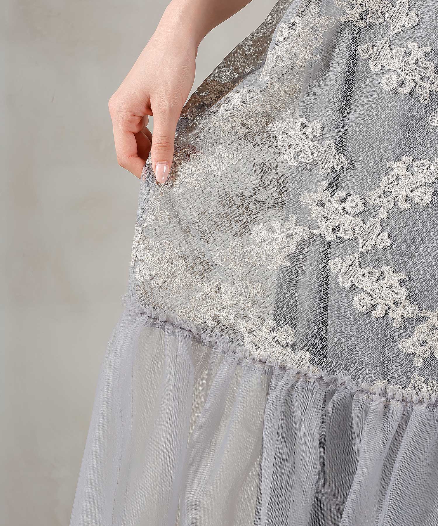 刺繍レース チュール Aライン ティアード ワンピース ドレス