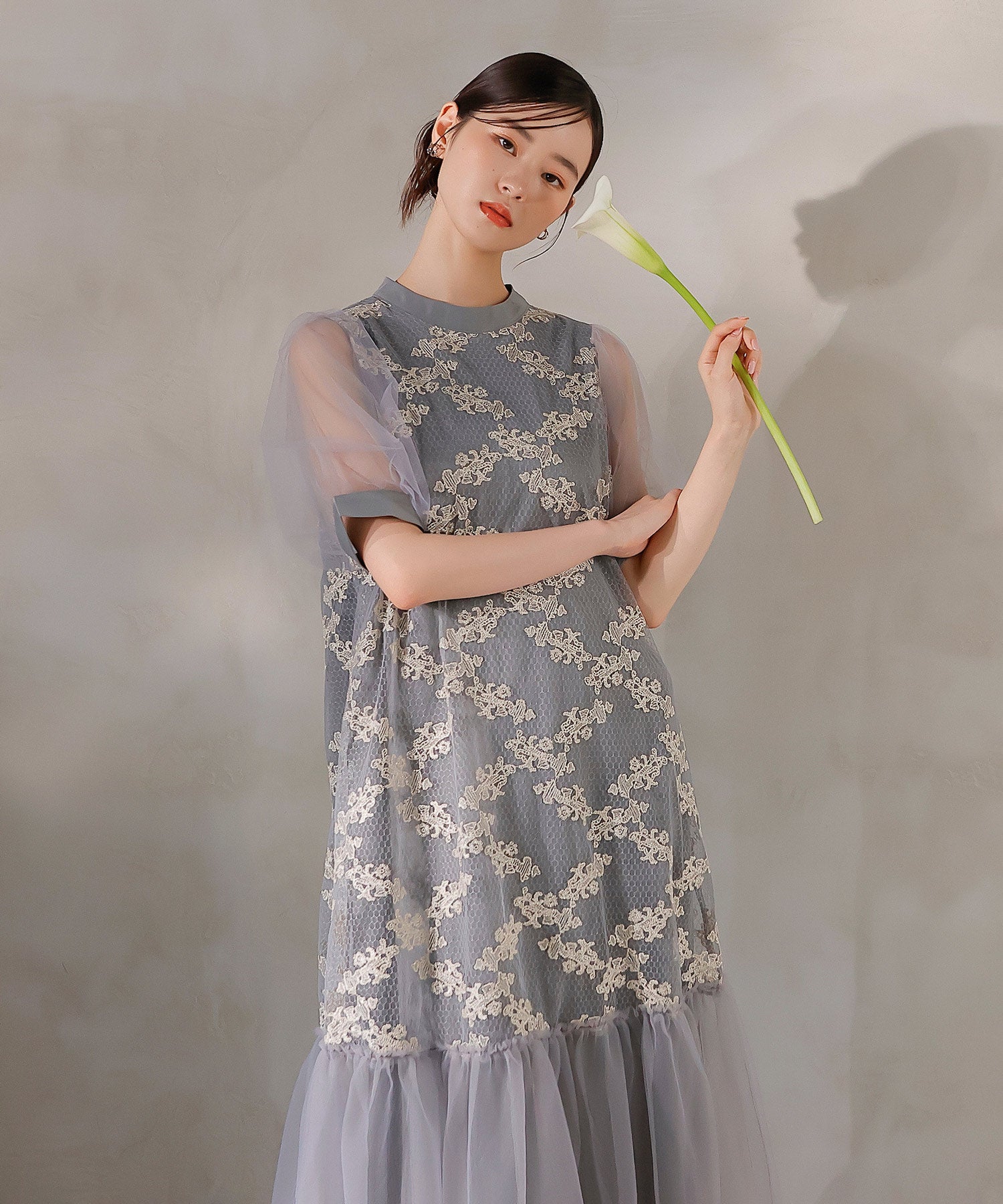 刺繍レース チュール Aライン ティアード ワンピース ドレス
