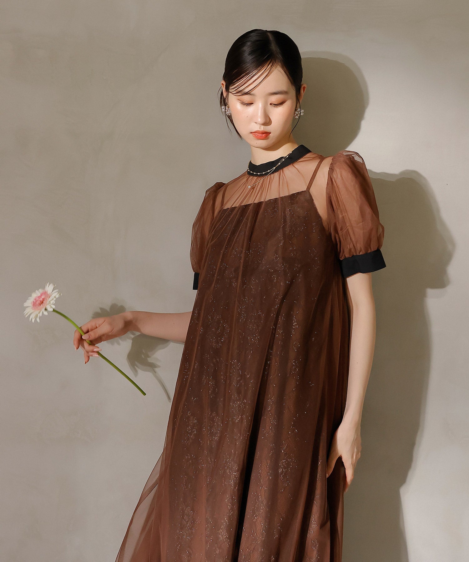 チュール バック リボン レースキャミワンピ 2点セット