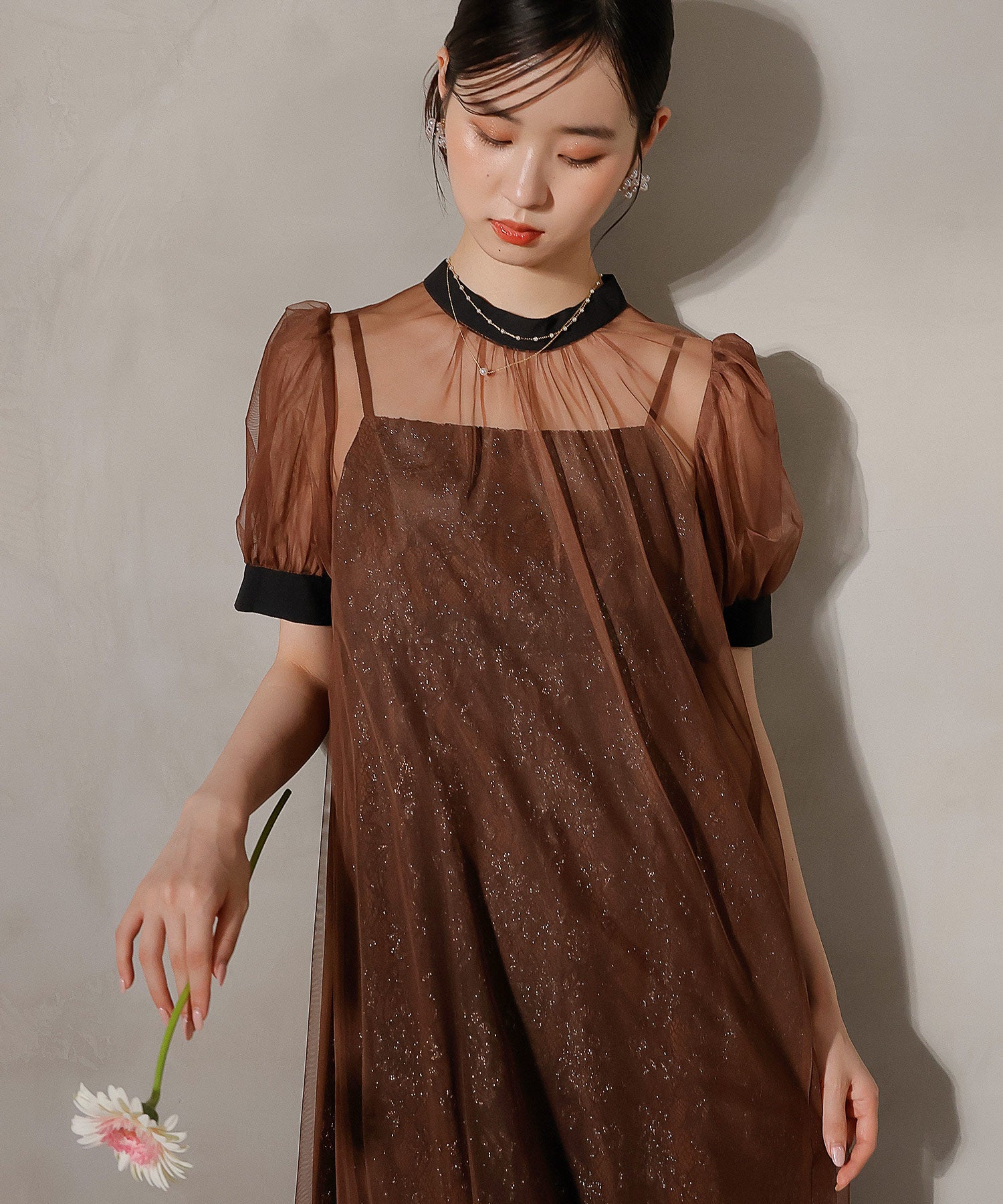 チュール バック リボン レースキャミワンピ 2点セット