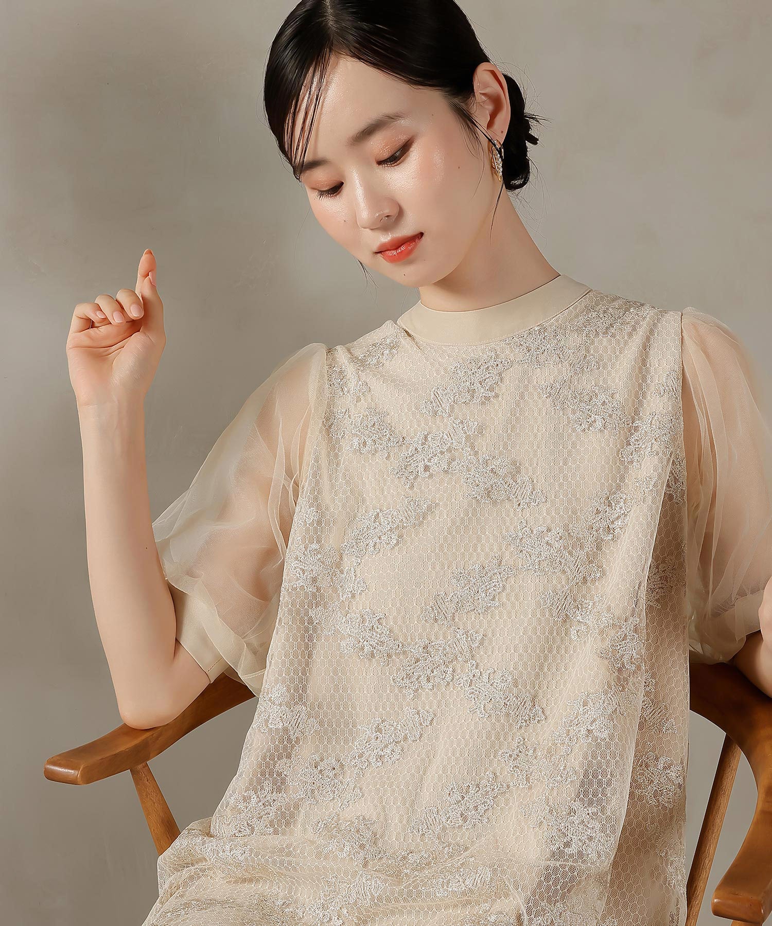 刺繍レース チュール Aライン ティアード ワンピース ドレス