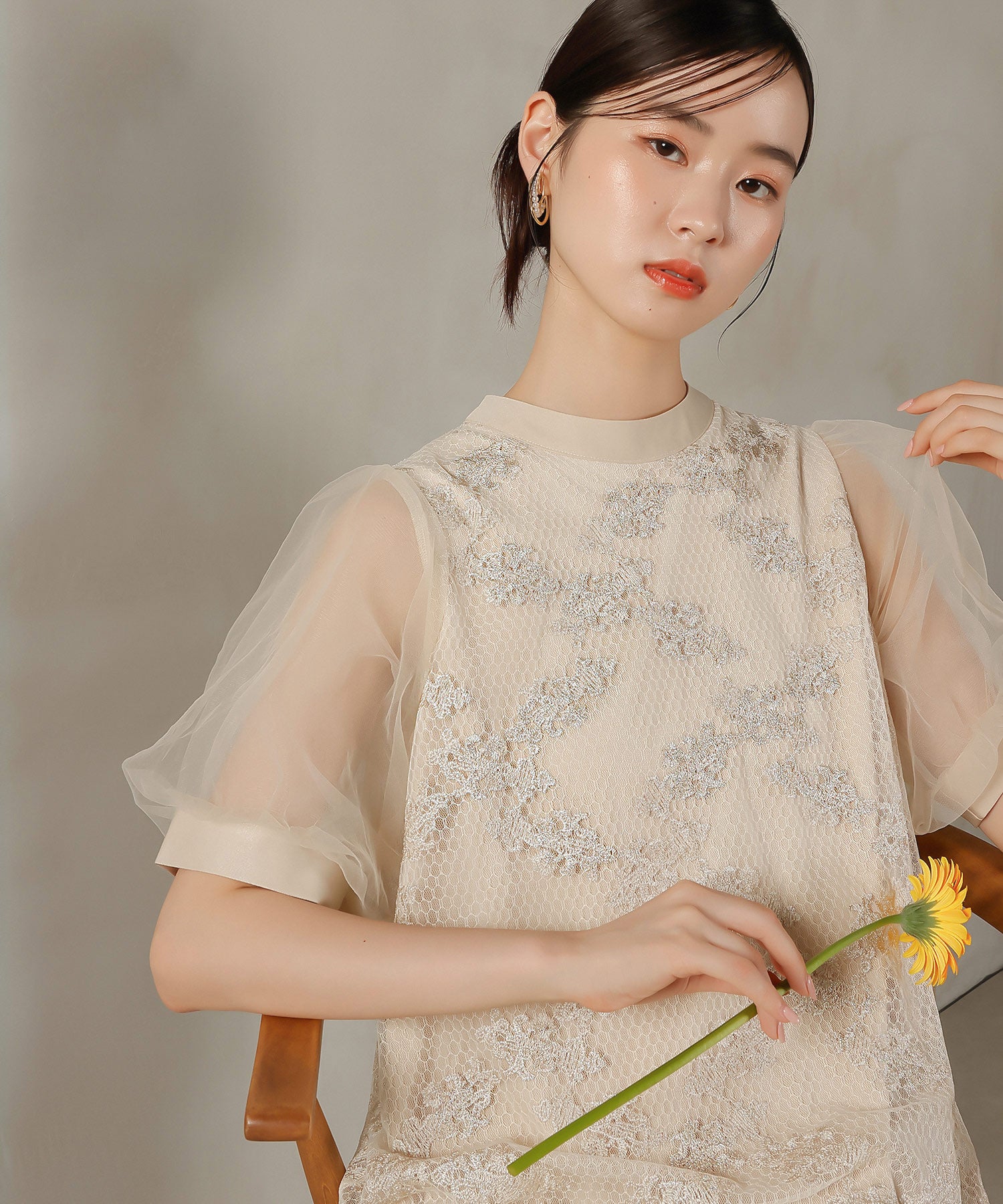 刺繍レース チュール Aライン ティアード ワンピース ドレス