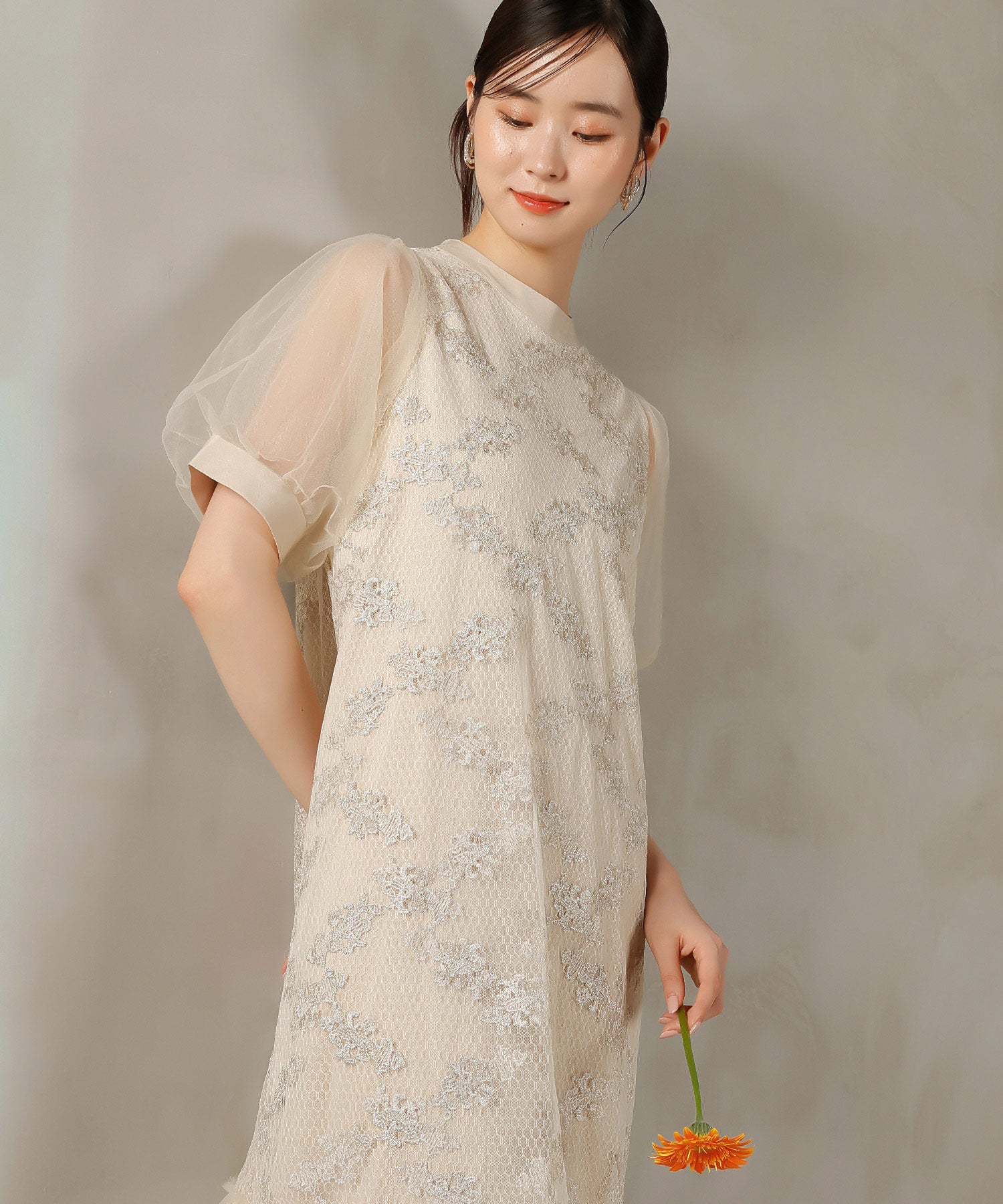 刺繍レース チュール Aライン ティアード ワンピース ドレス