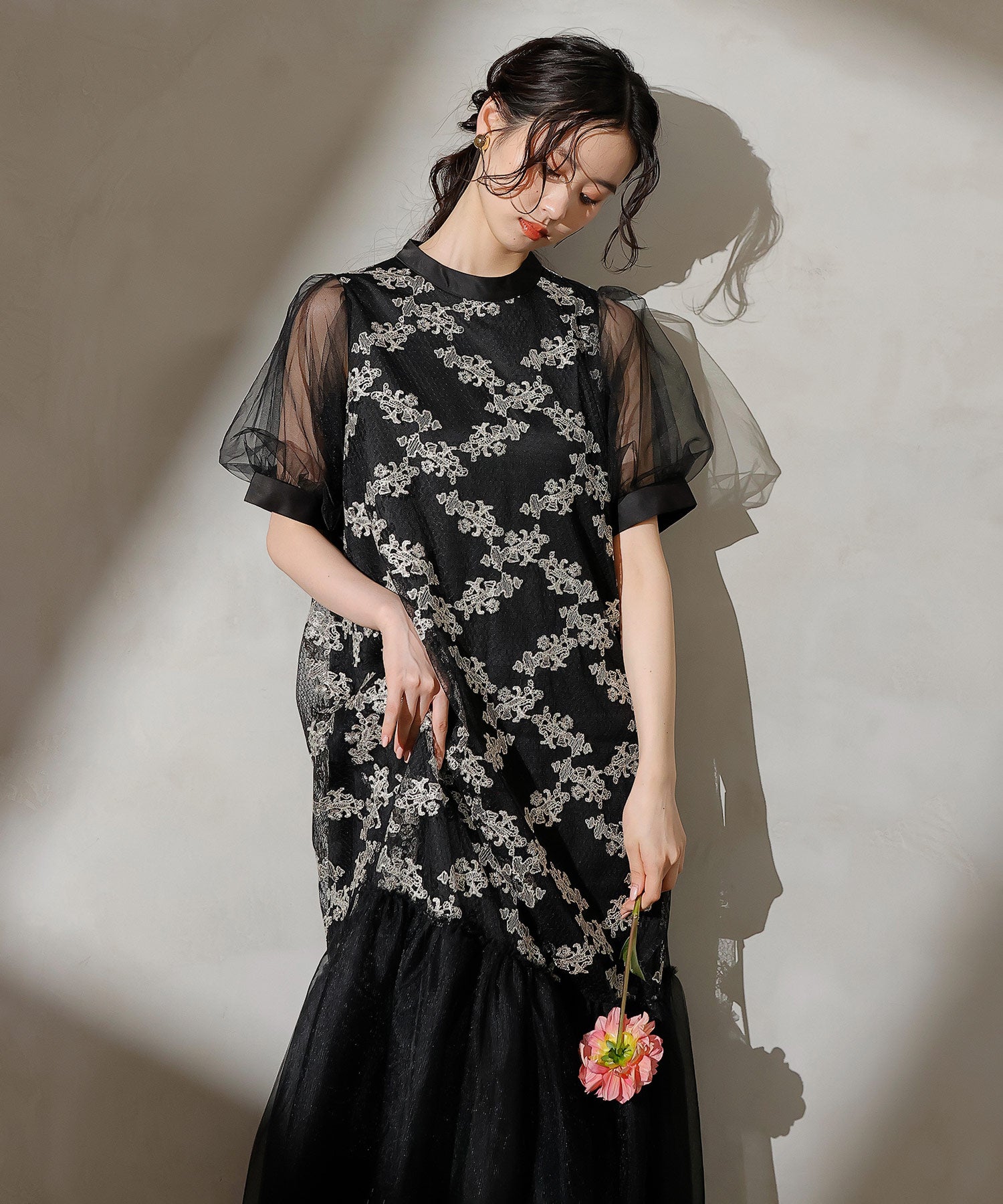 刺繍レース チュール Aライン ティアード ワンピース ドレス