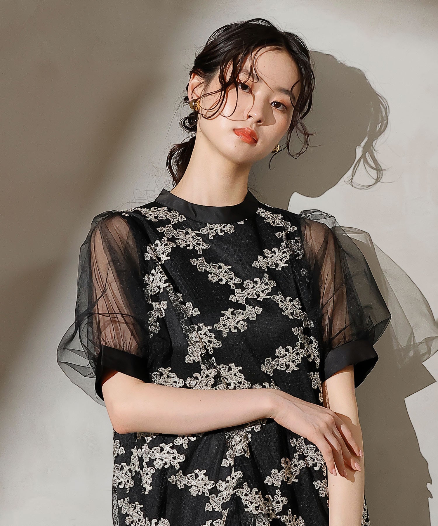 刺繍レース チュール Aライン ティアード ワンピース ドレス