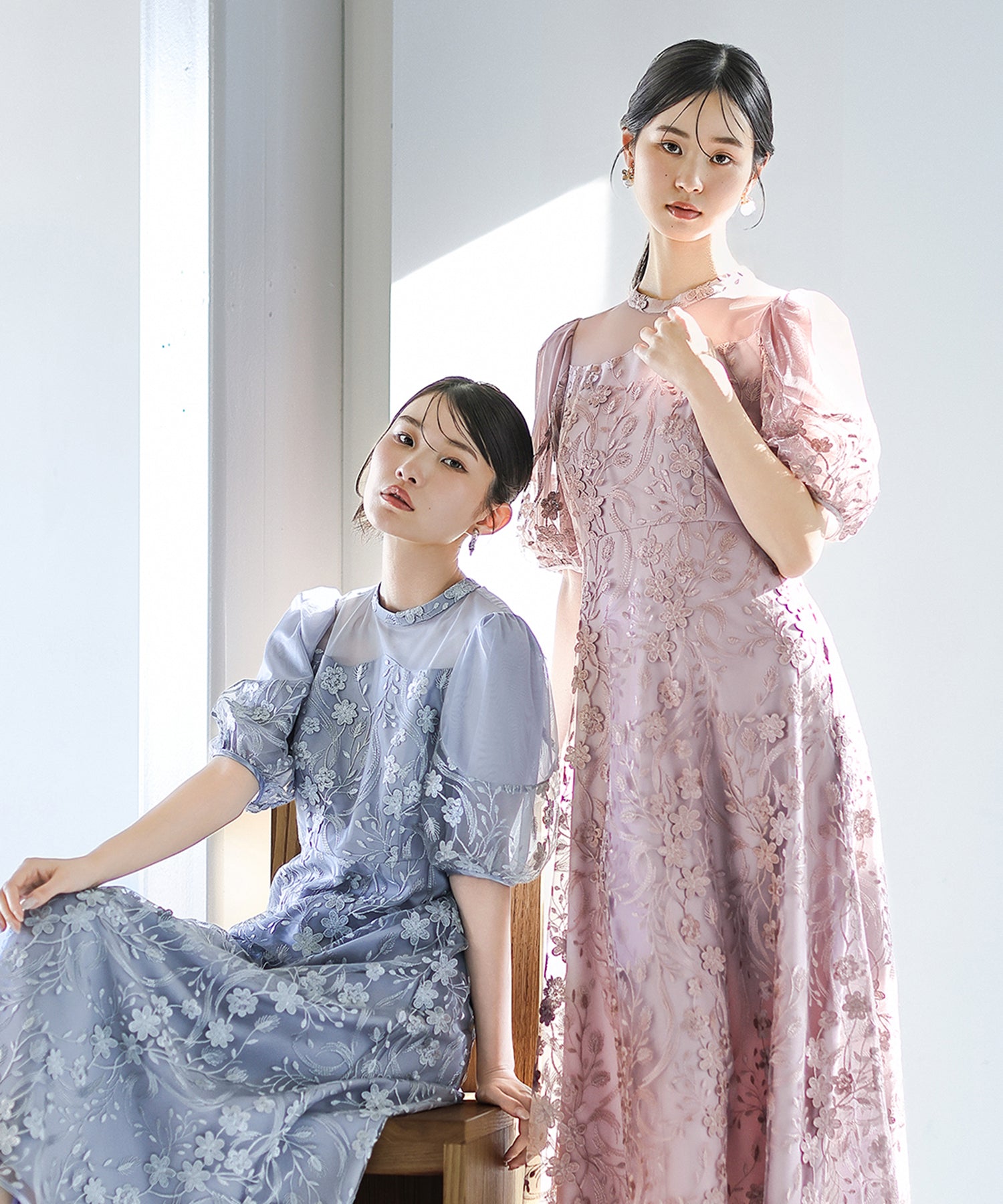 刺繍レース ウェーブデザイン チュールバルーンスリーブ Aラインワンピースドレス