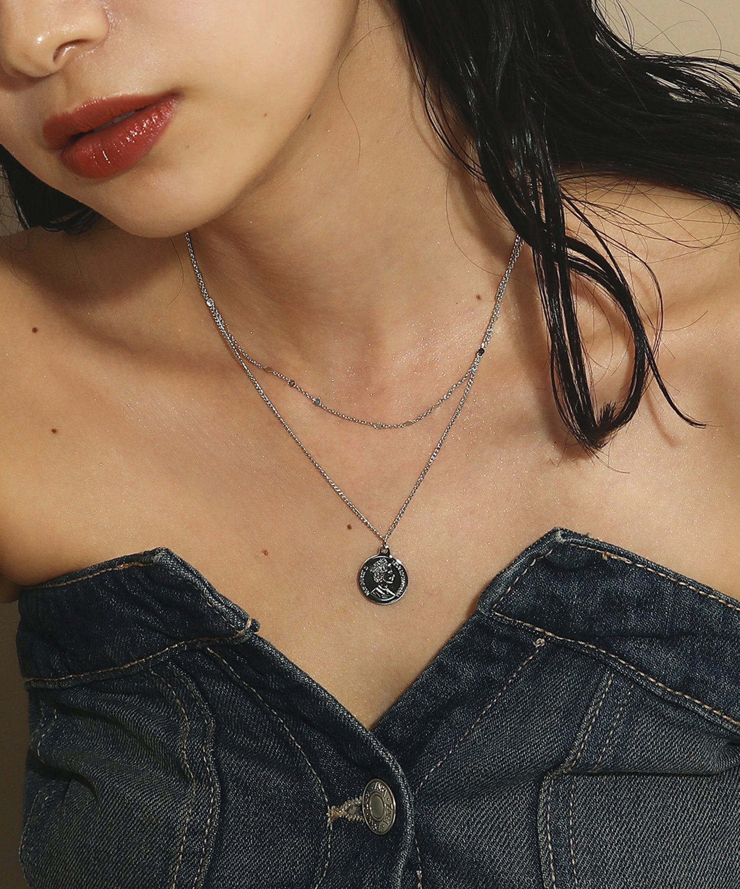 コインモチーフ 2連 チェーン ネックレス