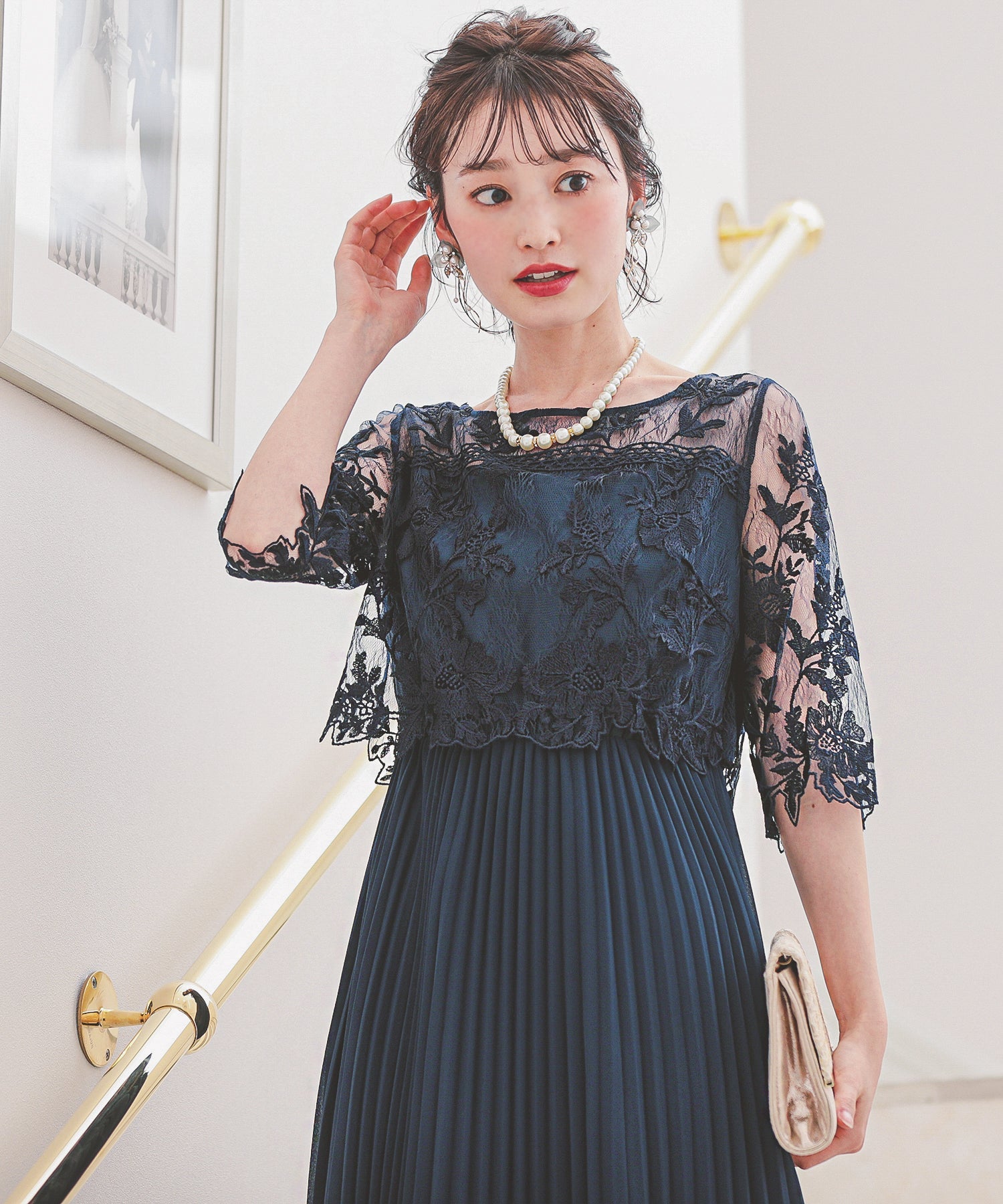 フラワー刺繍レース 切り替えプリーツロング パーティードレス