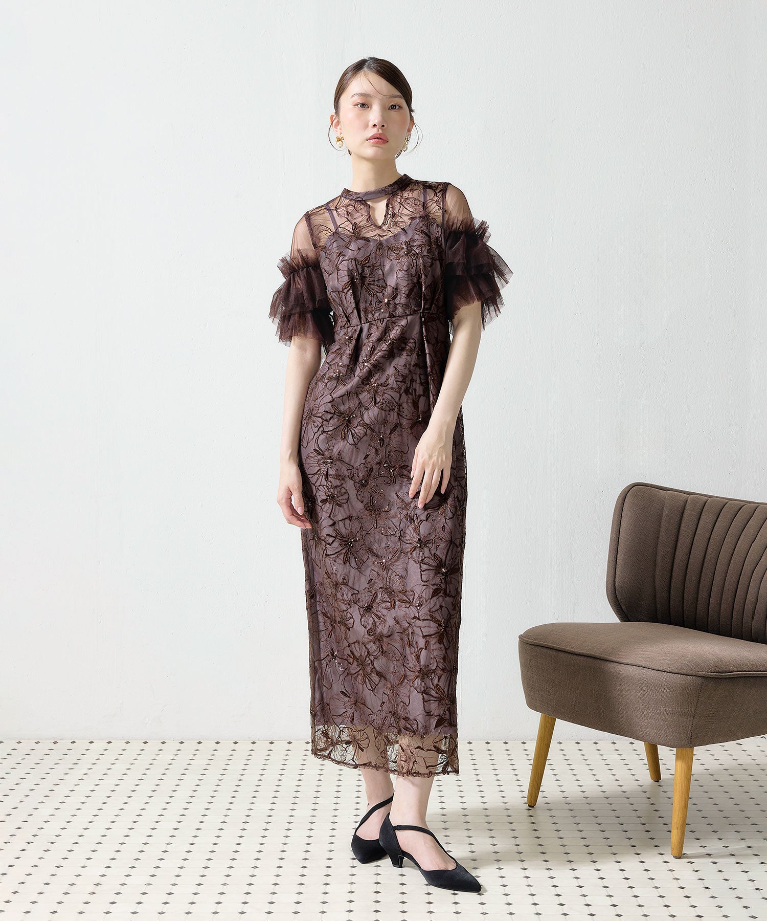 花柄刺繍スパンコールレースチュールフリルスリーブペンシルドレス