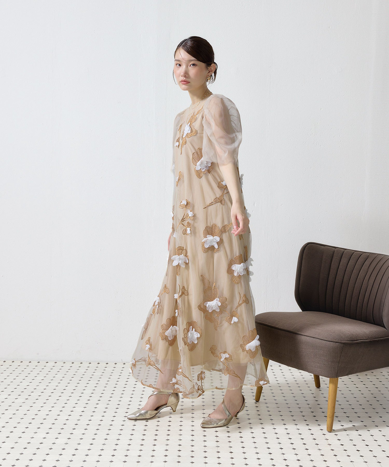 3D花柄レースAラインドレス