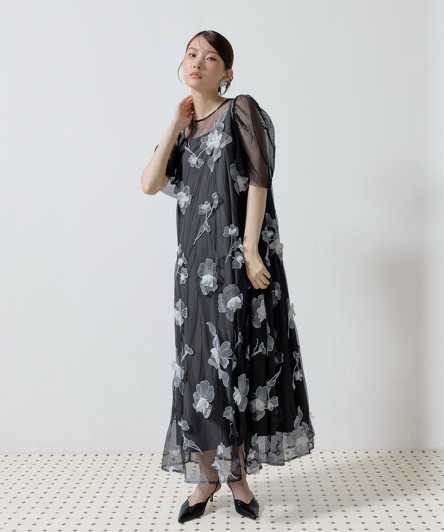 3D花柄レースAラインドレス
