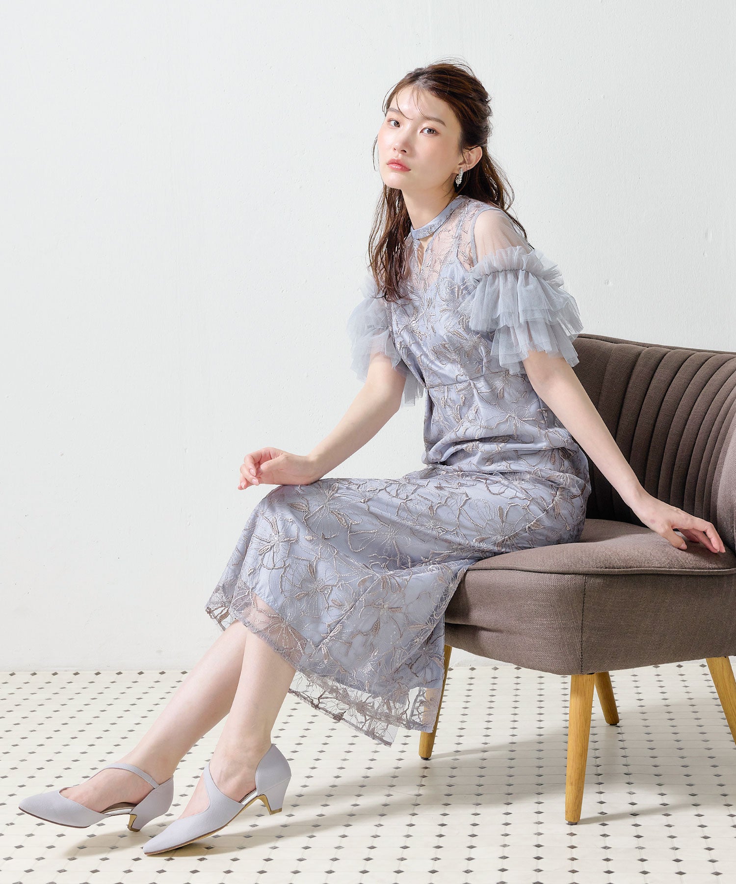 花柄刺繍スパンコールレースチュールフリルスリーブペンシルドレス