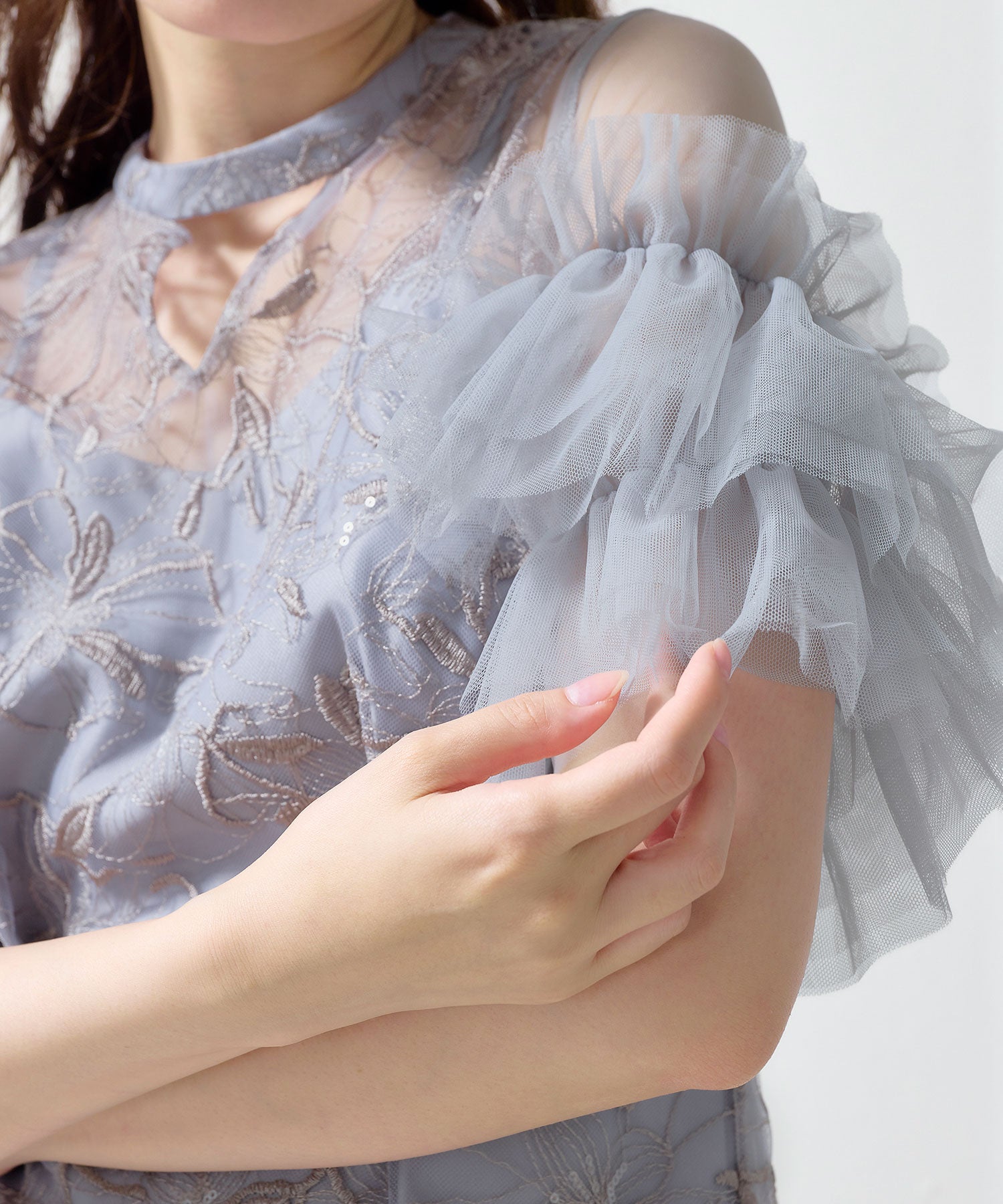 花柄刺繍スパンコールレースチュールフリルスリーブペンシルドレス
