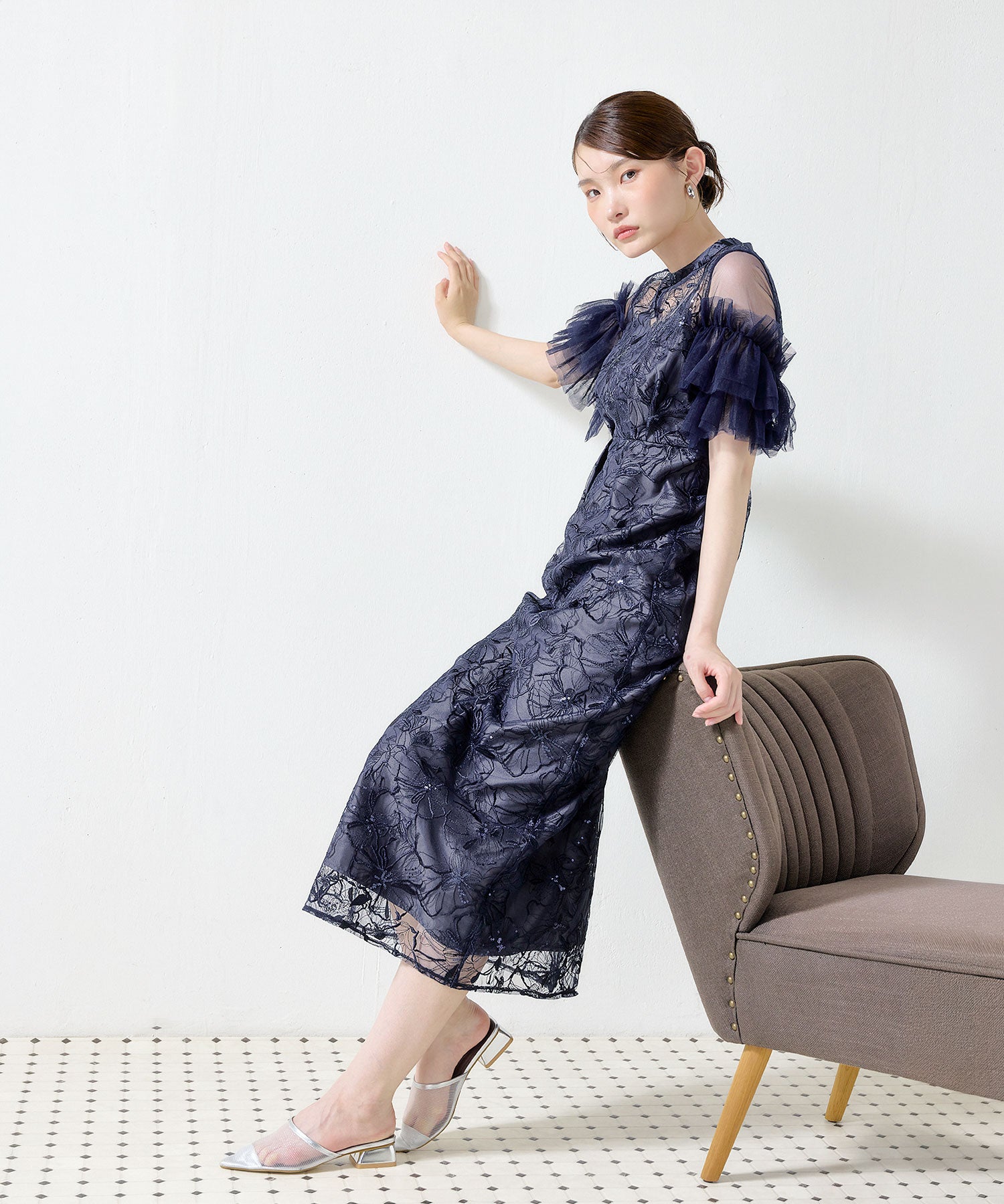 花柄刺繍スパンコールレースチュールフリルスリーブペンシルドレス