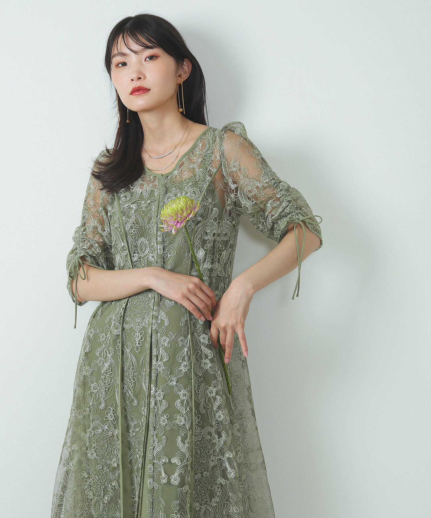 刺繍 レース Aライン レイヤードドレス