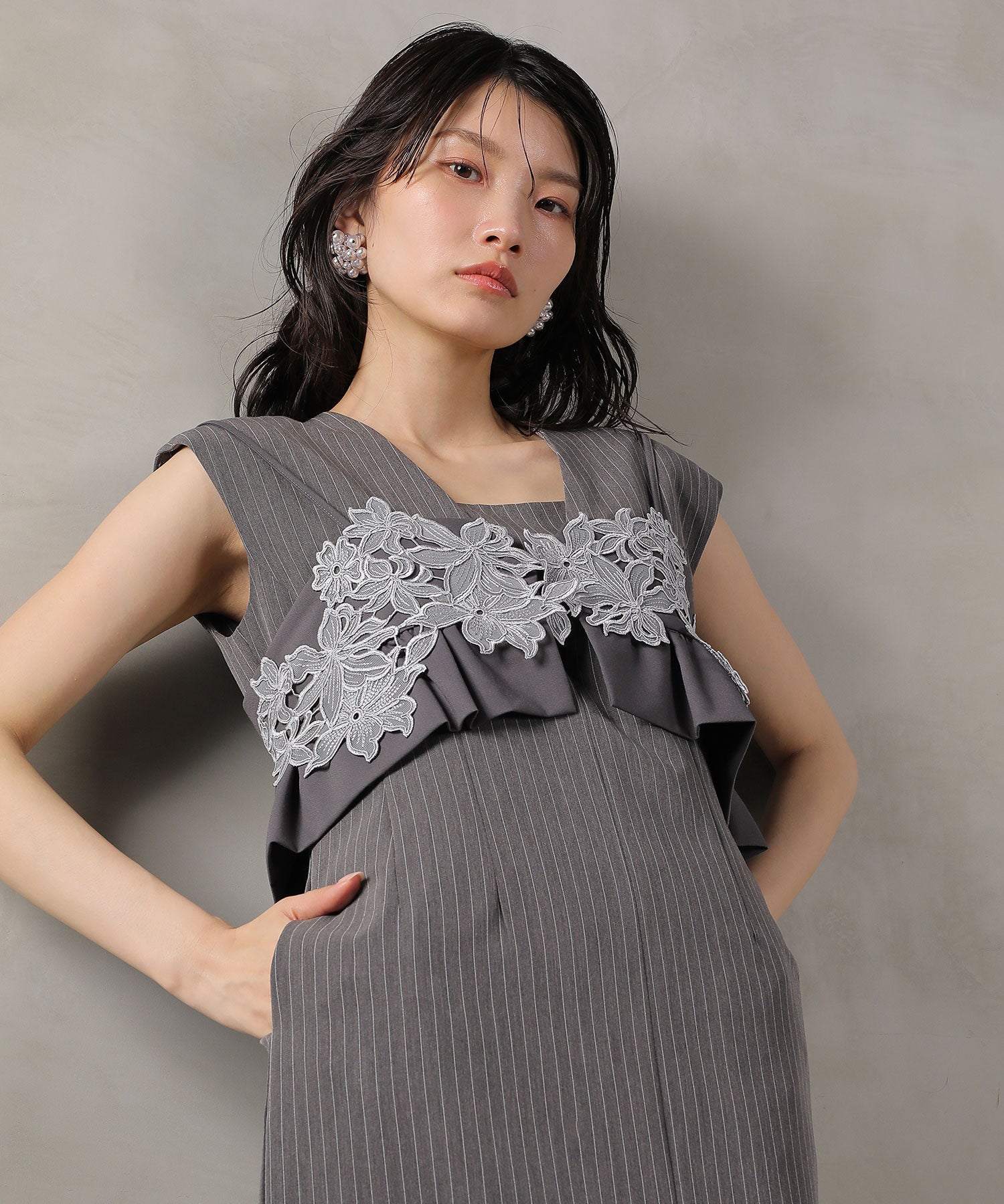 ピンストライプワンピース 花柄 ビスチェ 2点セット