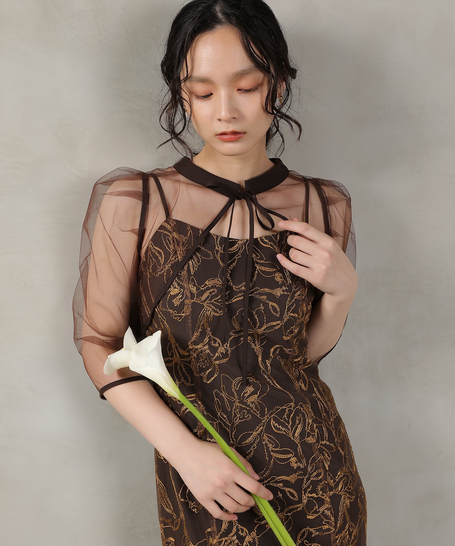 チュールボレロ 花柄刺繍キャミワンピース 2点セット パーティー ドレス