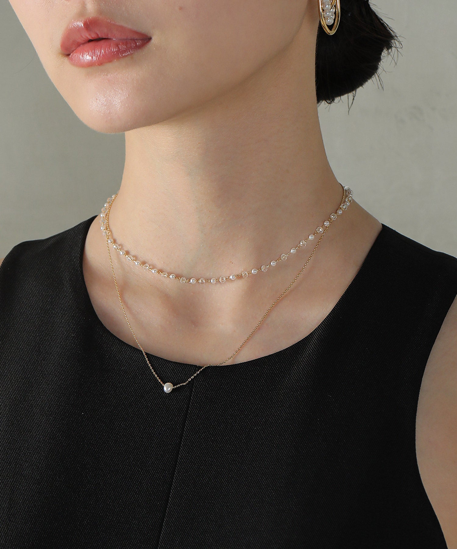 クリアビーズ × ワントップパール２連 ネックレス パーティー 結婚式 お呼ばれ オケージョン