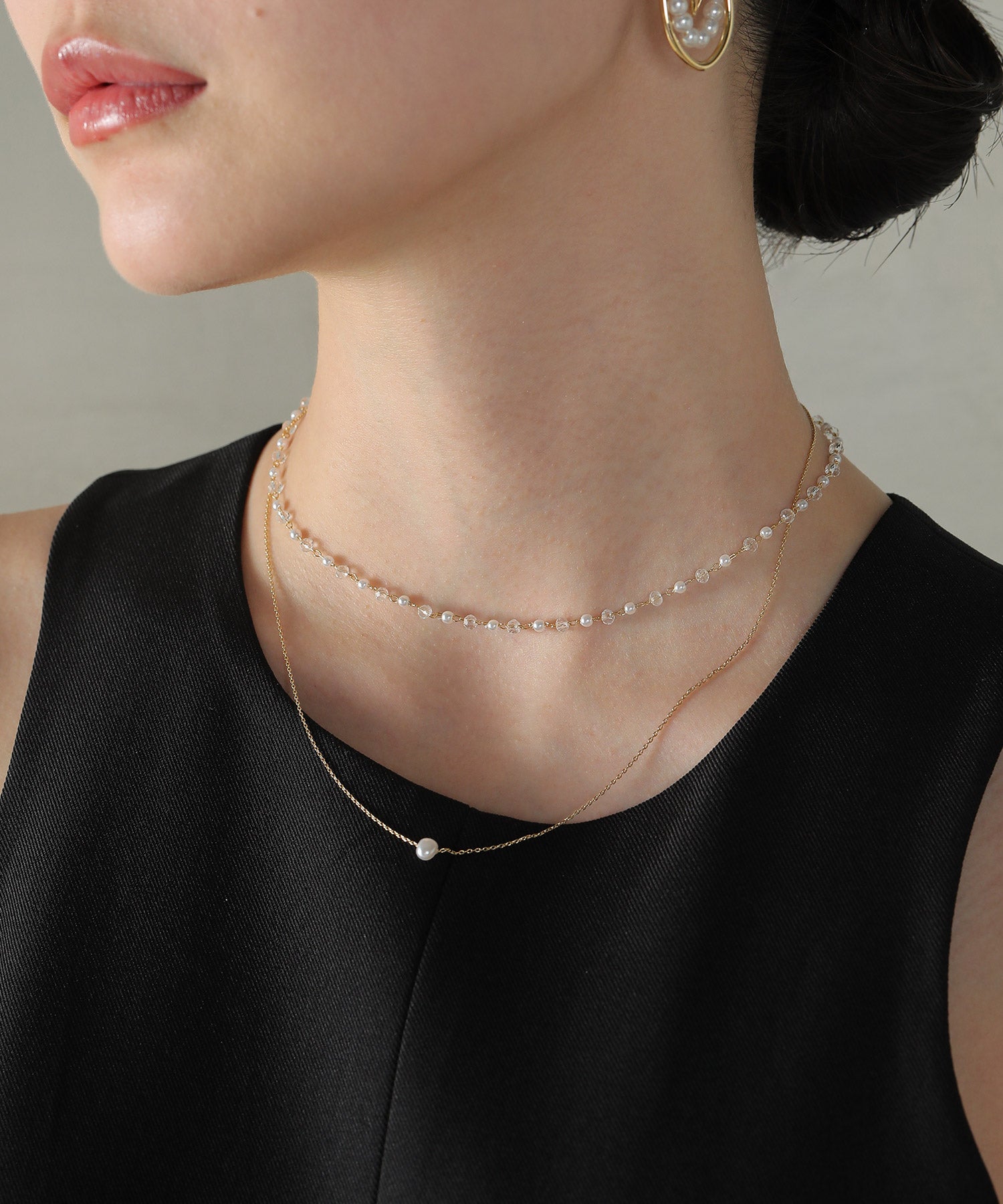 クリアビーズ × ワントップパール２連 ネックレス パーティー 結婚式 お呼ばれ オケージョン