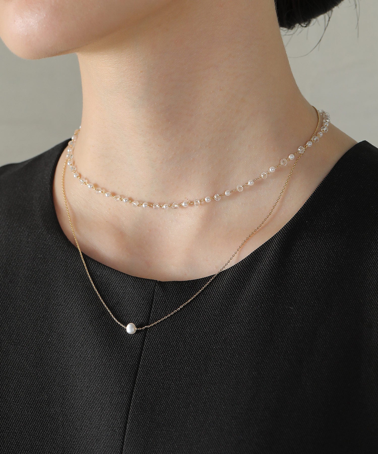 クリアビーズ × ワントップパール２連 ネックレス パーティー 結婚式 お呼ばれ オケージョン