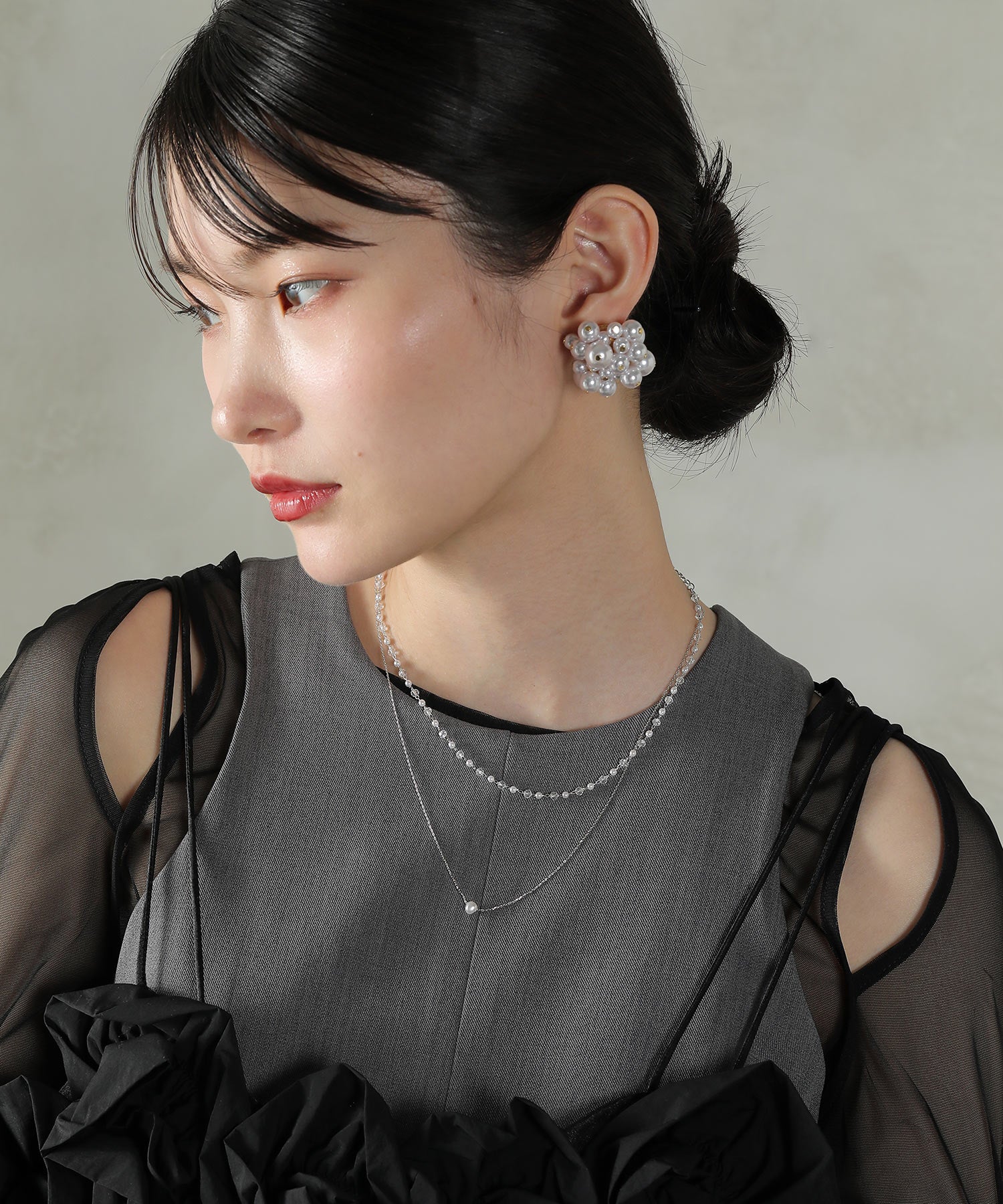 クリアビーズ × ワントップパール２連 ネックレス パーティー 結婚式 お呼ばれ オケージョン