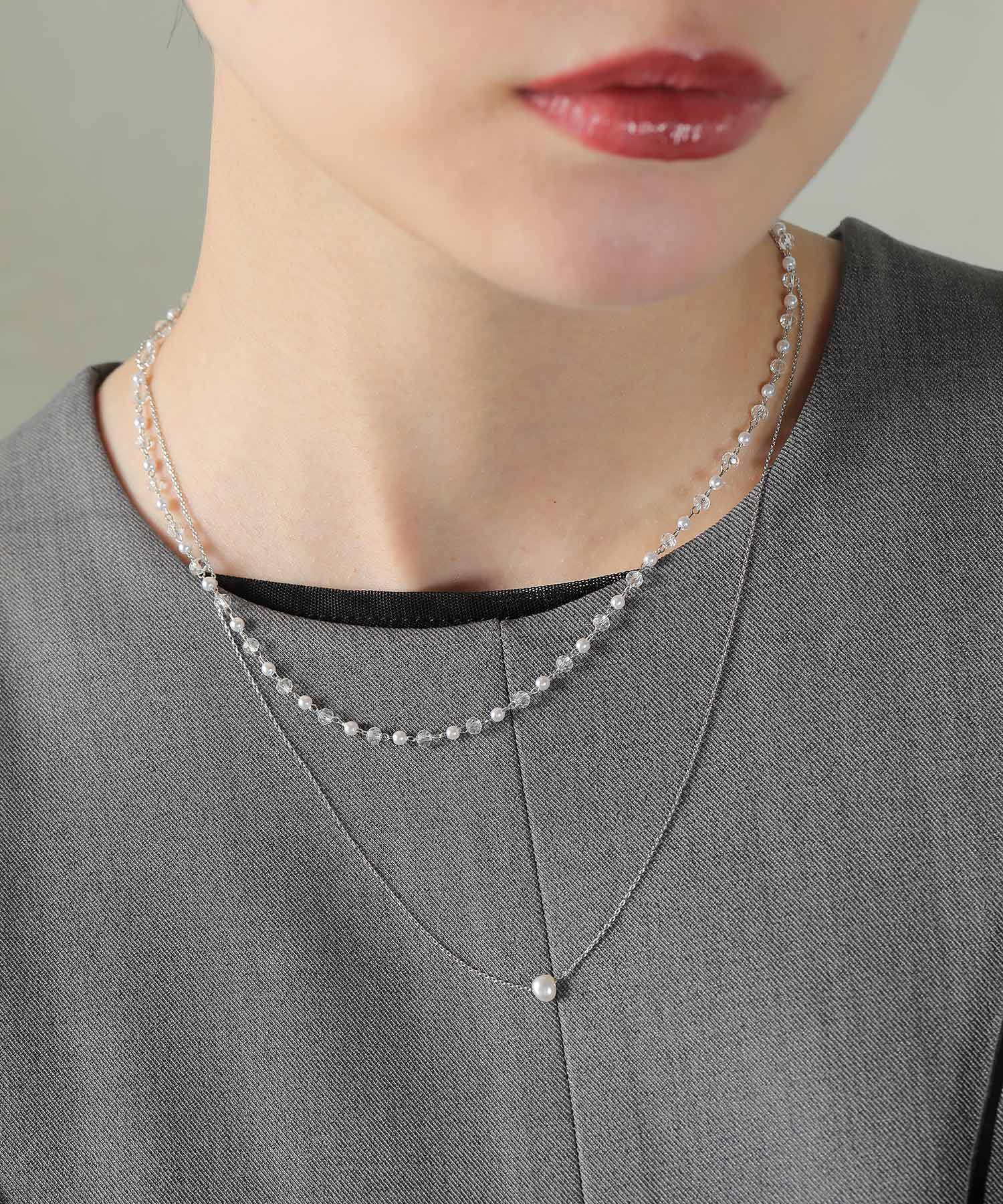 クリアビーズ × ワントップパール２連 ネックレス パーティー 結婚式 お呼ばれ オケージョン