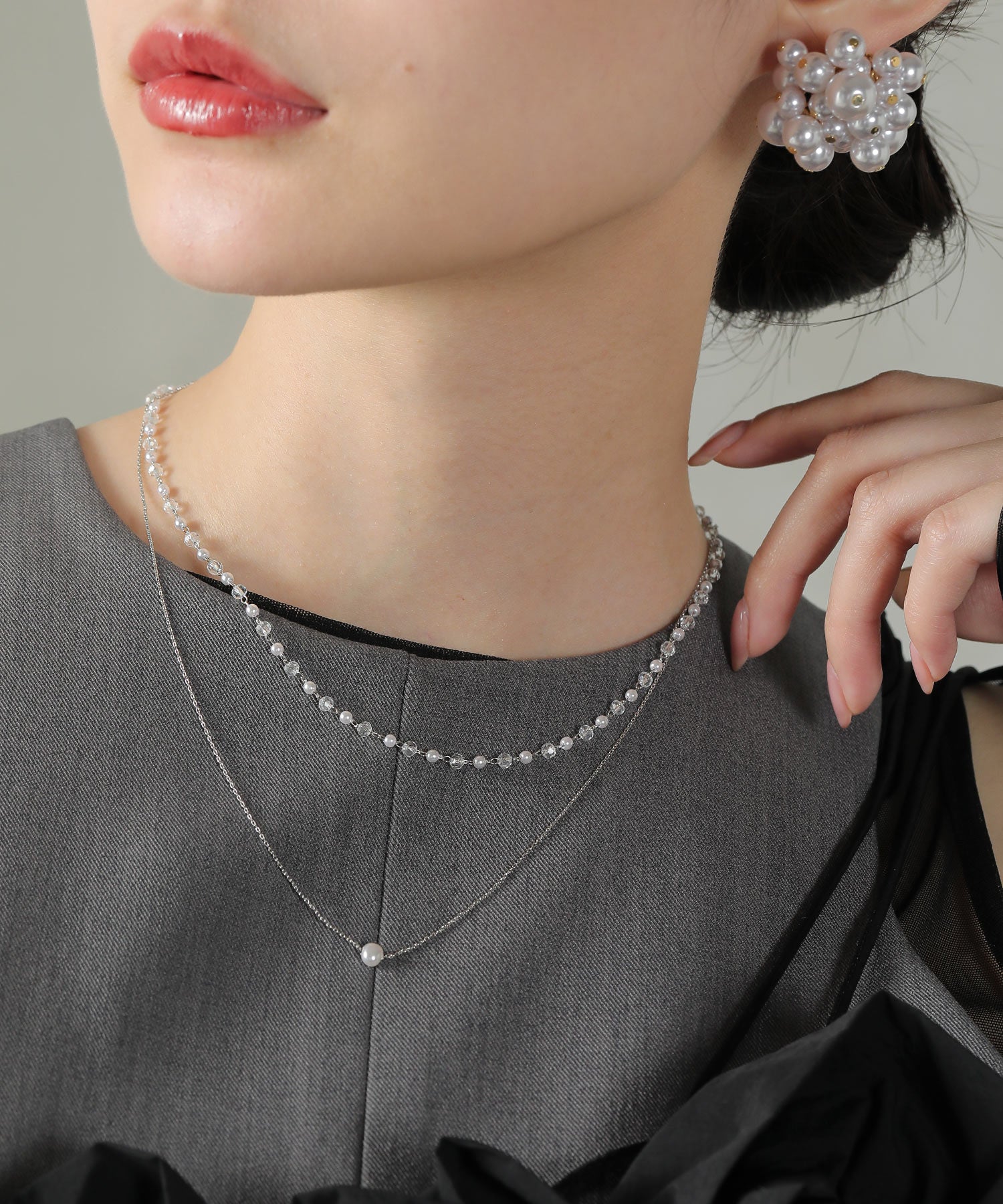 クリアビーズ × ワントップパール２連 ネックレス パーティー 結婚式 お呼ばれ オケージョン
