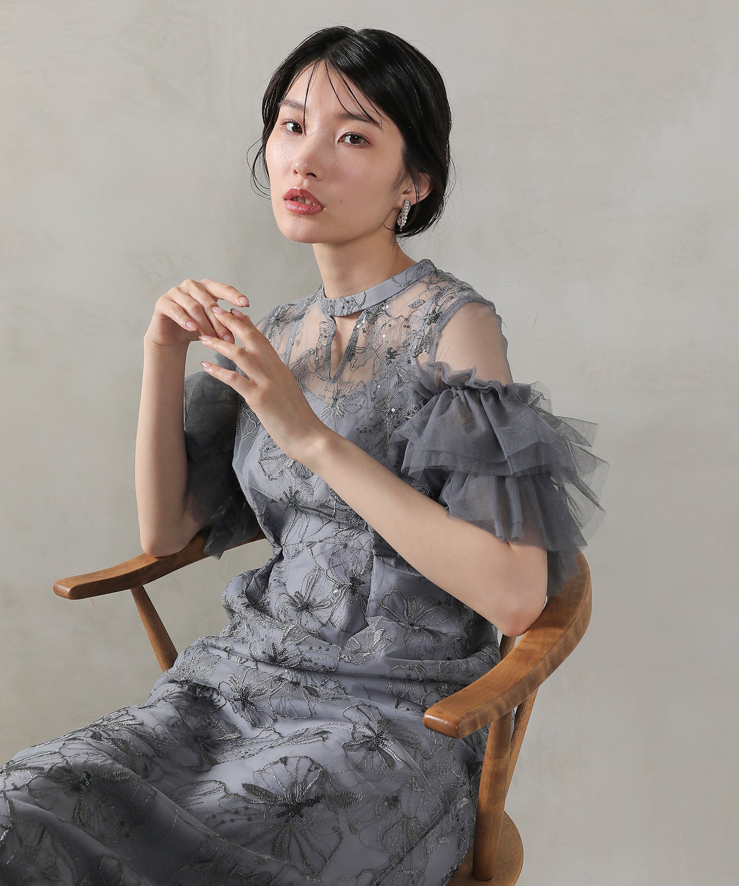 チュールフリルスリーブ スパンコール 刺繍レース パーティー ドレス