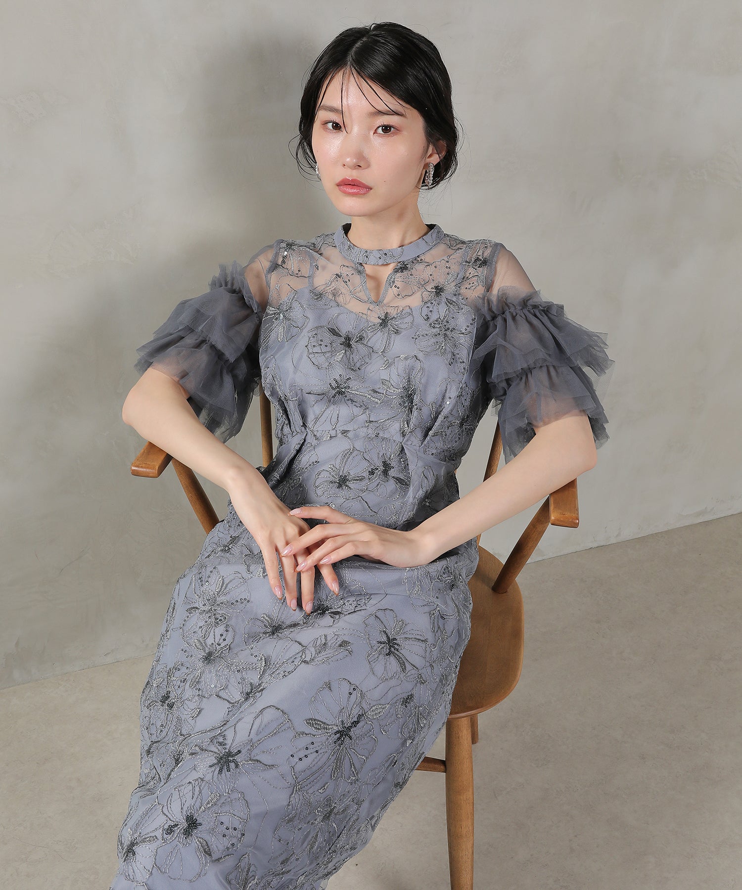 チュールフリルスリーブ スパンコール 刺繍レース パーティー ドレス