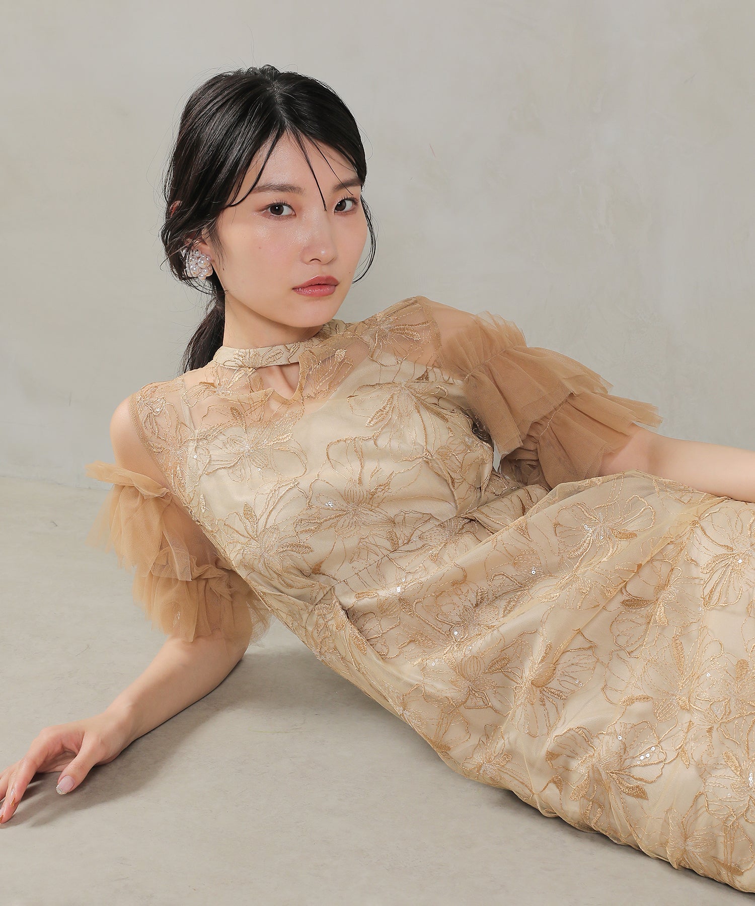 チュールフリルスリーブ スパンコール 刺繍レース パーティー ドレス