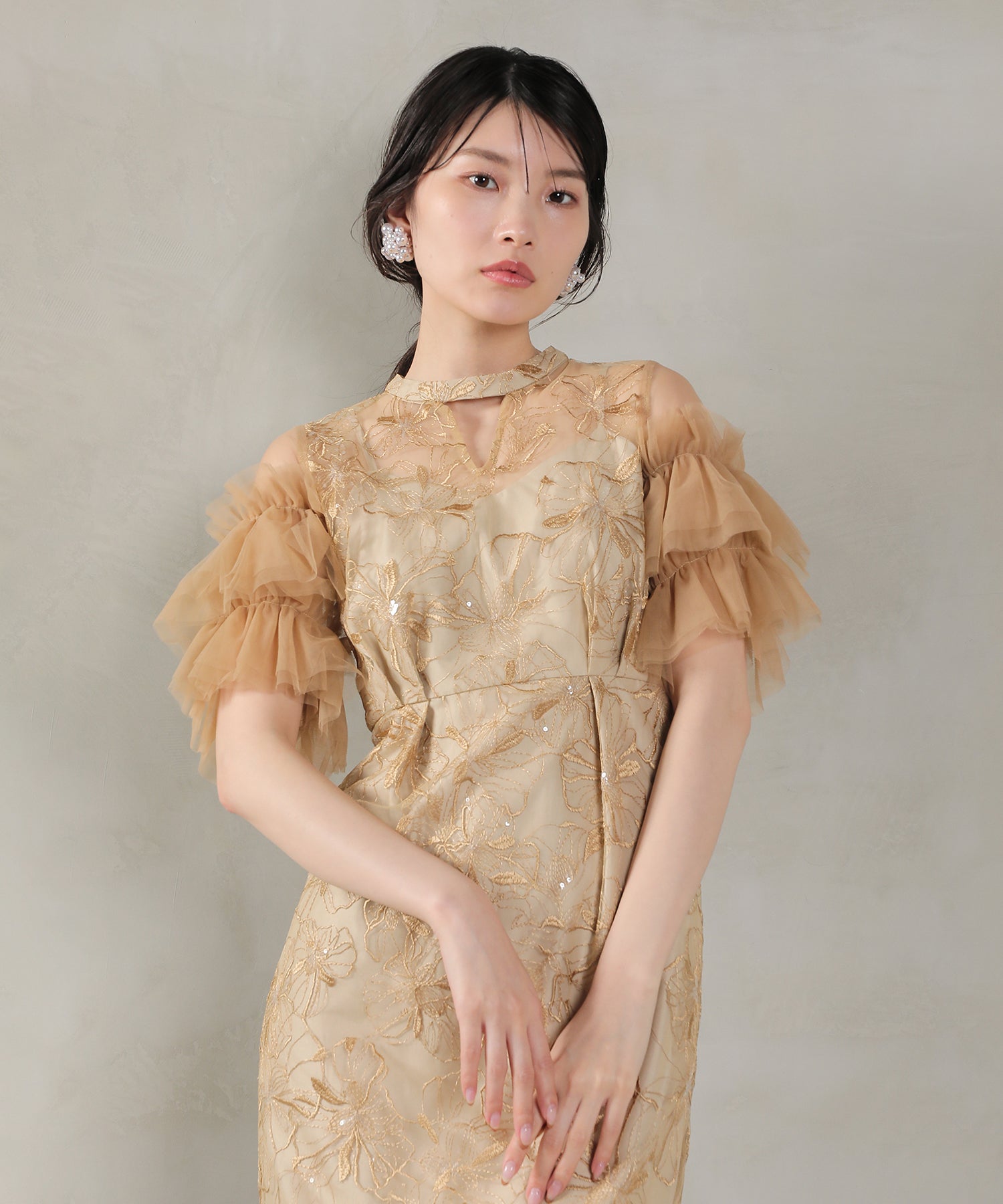 チュールフリルスリーブ スパンコール 刺繍レース パーティー ドレス