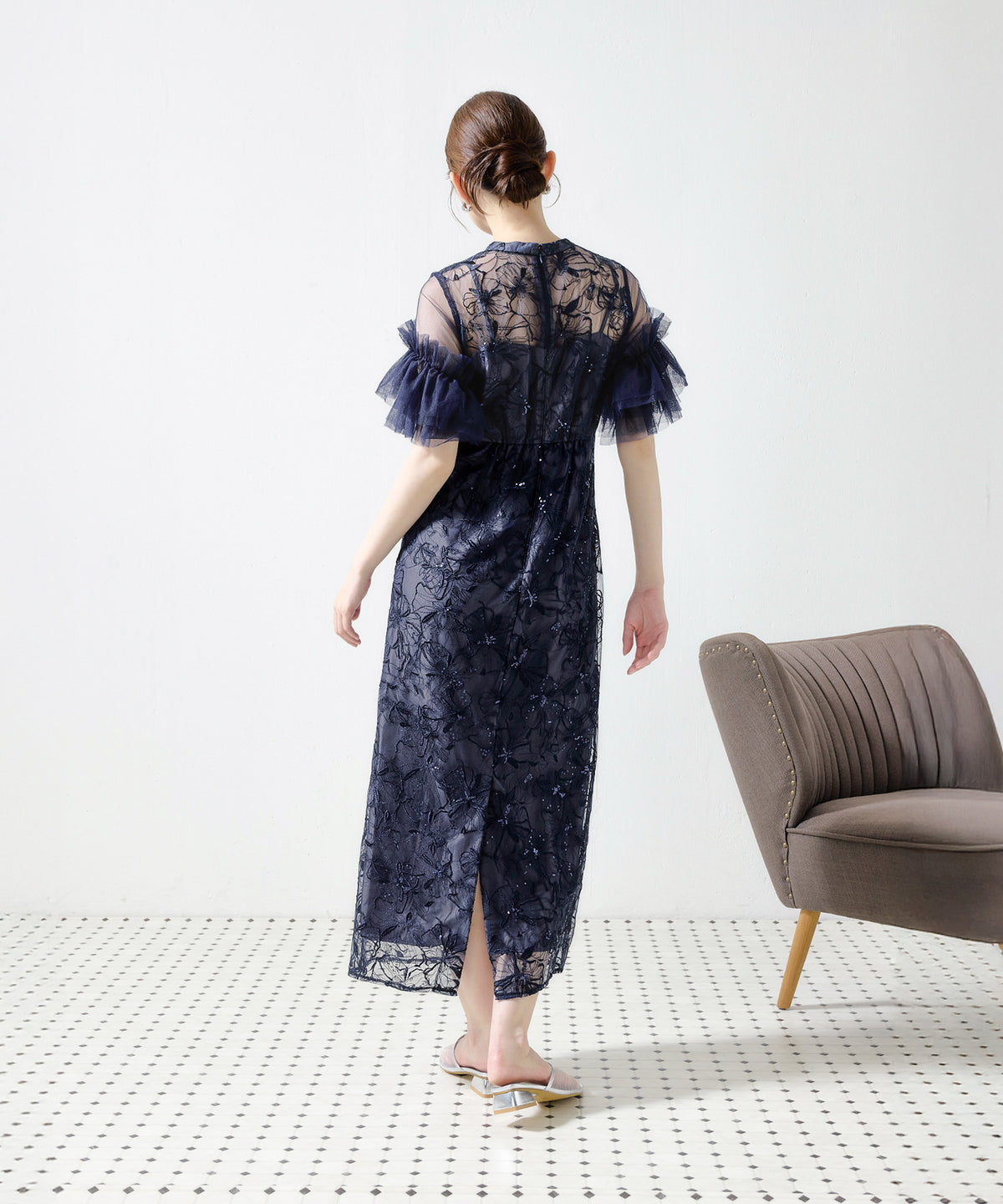 花柄刺繍スパンコールレースチュールフリルスリーブペンシルドレス