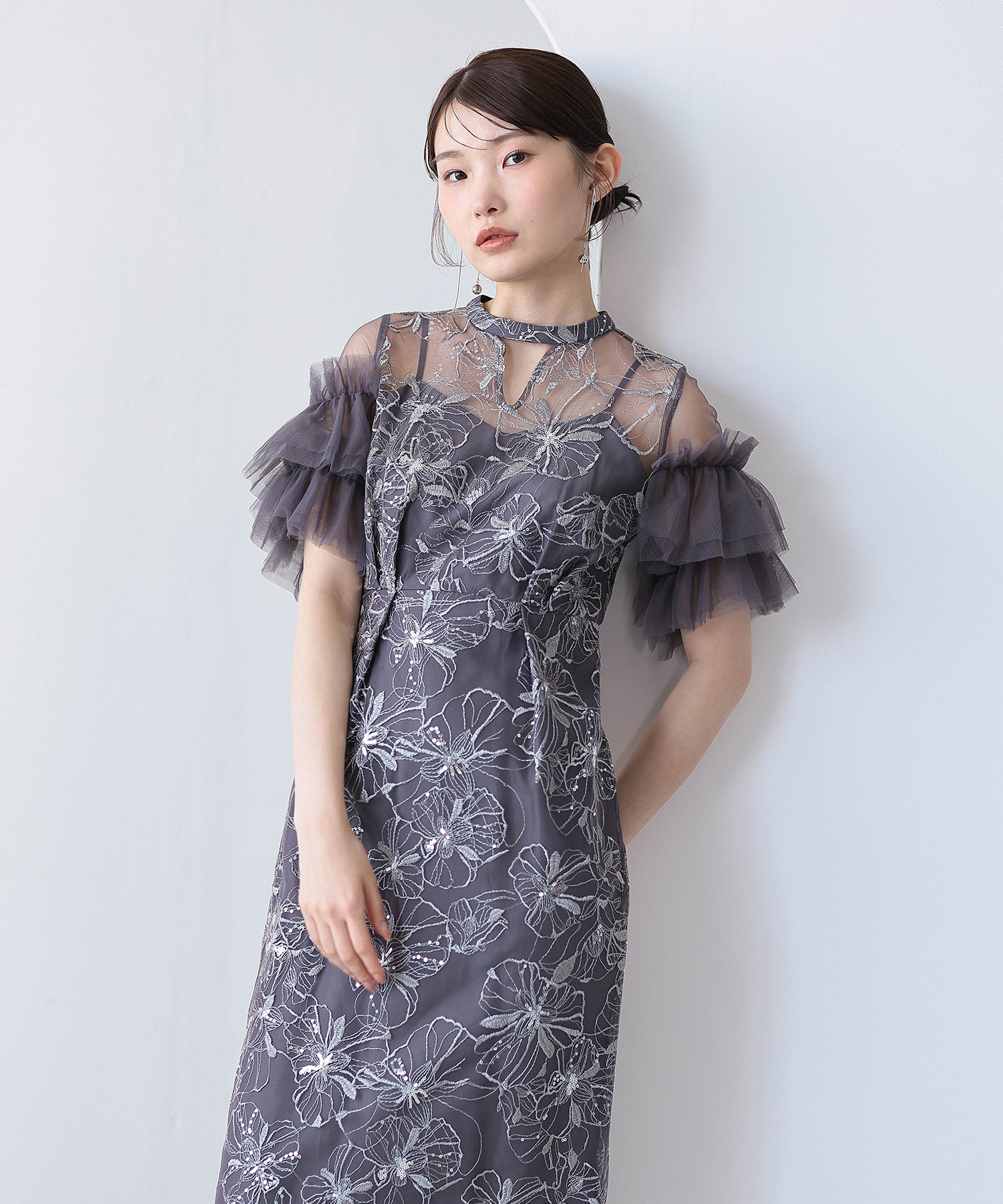 チュールフリルスリーブ スパンコール 刺繍レース パーティー ドレス