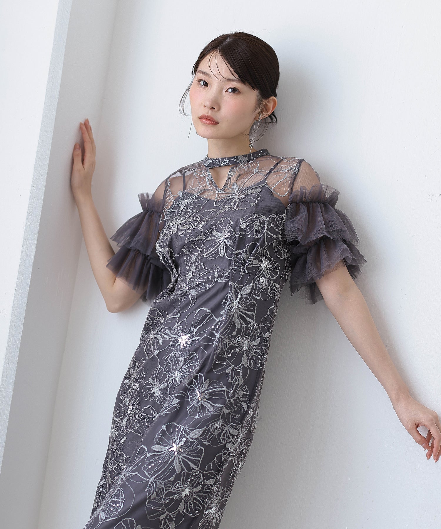 チュールフリルスリーブ スパンコール 刺繍レース パーティー ドレス