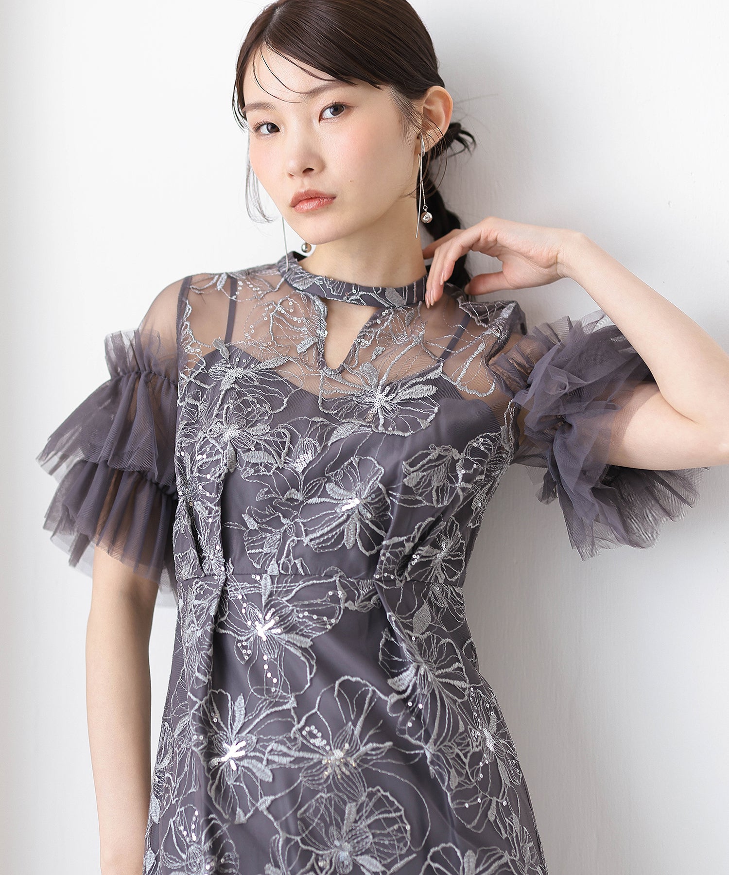 チュールフリルスリーブ スパンコール 刺繍レース パーティー ドレス