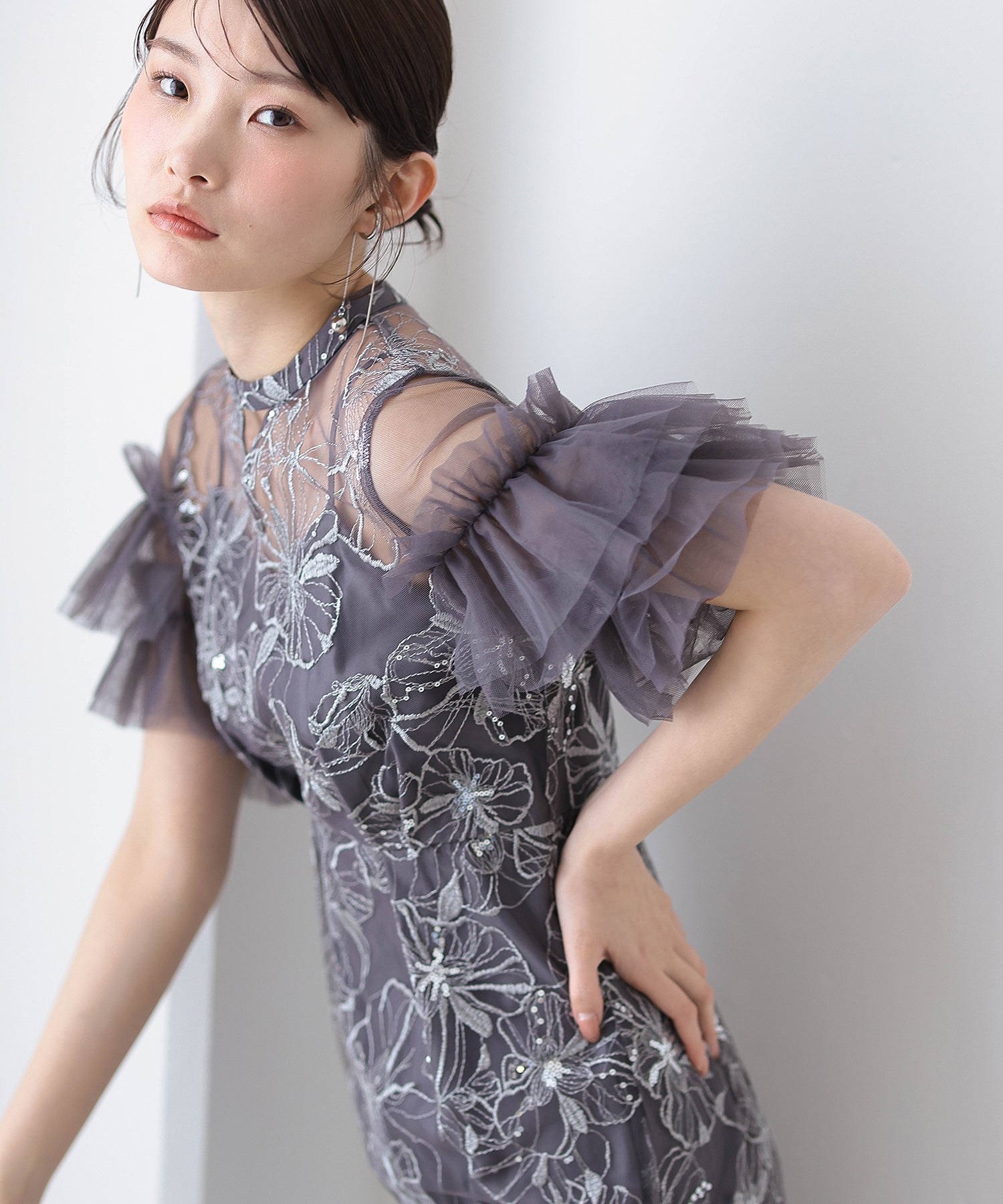 チュールフリルスリーブ スパンコール 刺繍レース パーティー ドレス