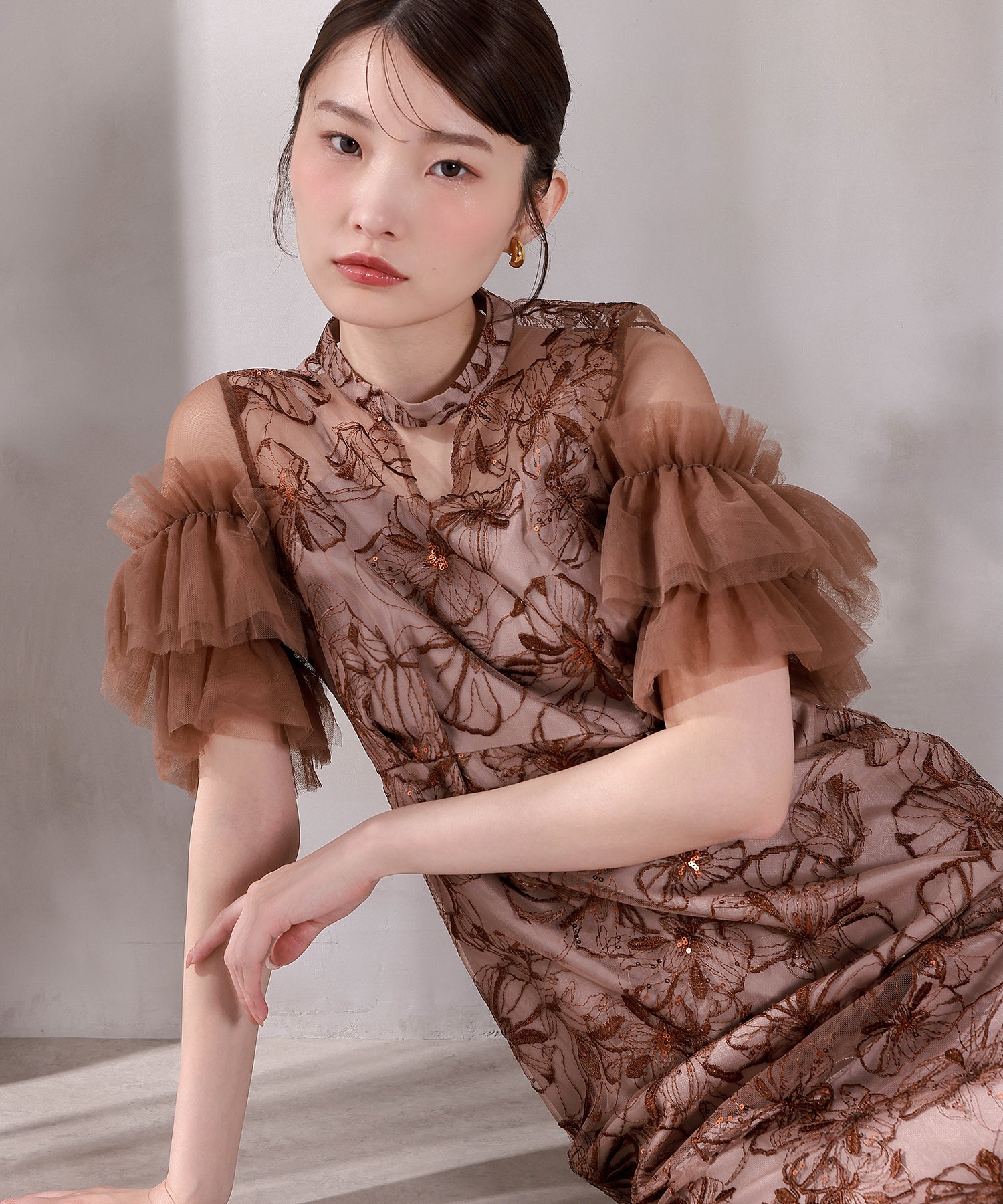 チュールフリルスリーブ スパンコール 刺繍レース パーティー ドレス