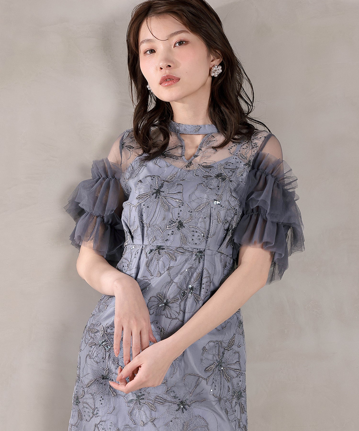 チュールフリルスリーブ スパンコール 刺繍レース パーティー ドレス