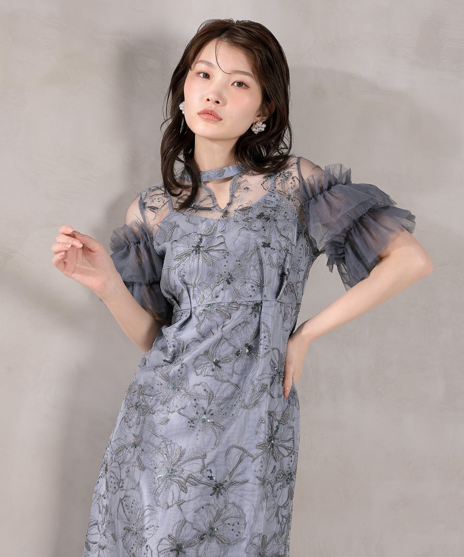 チュールフリルスリーブ スパンコール 刺繍レース パーティー ドレス