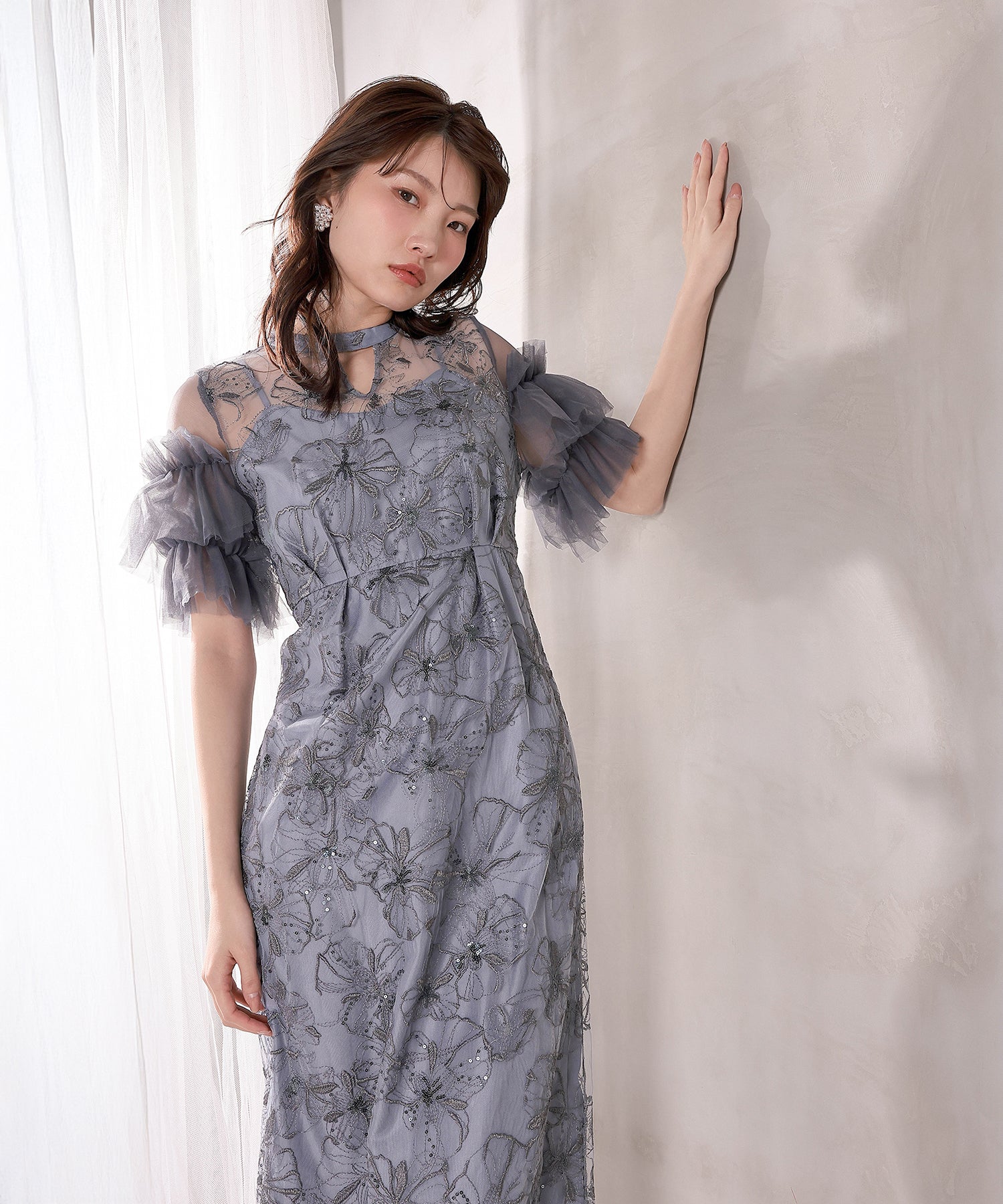 チュールフリルスリーブ スパンコール 刺繍レース パーティー ドレス